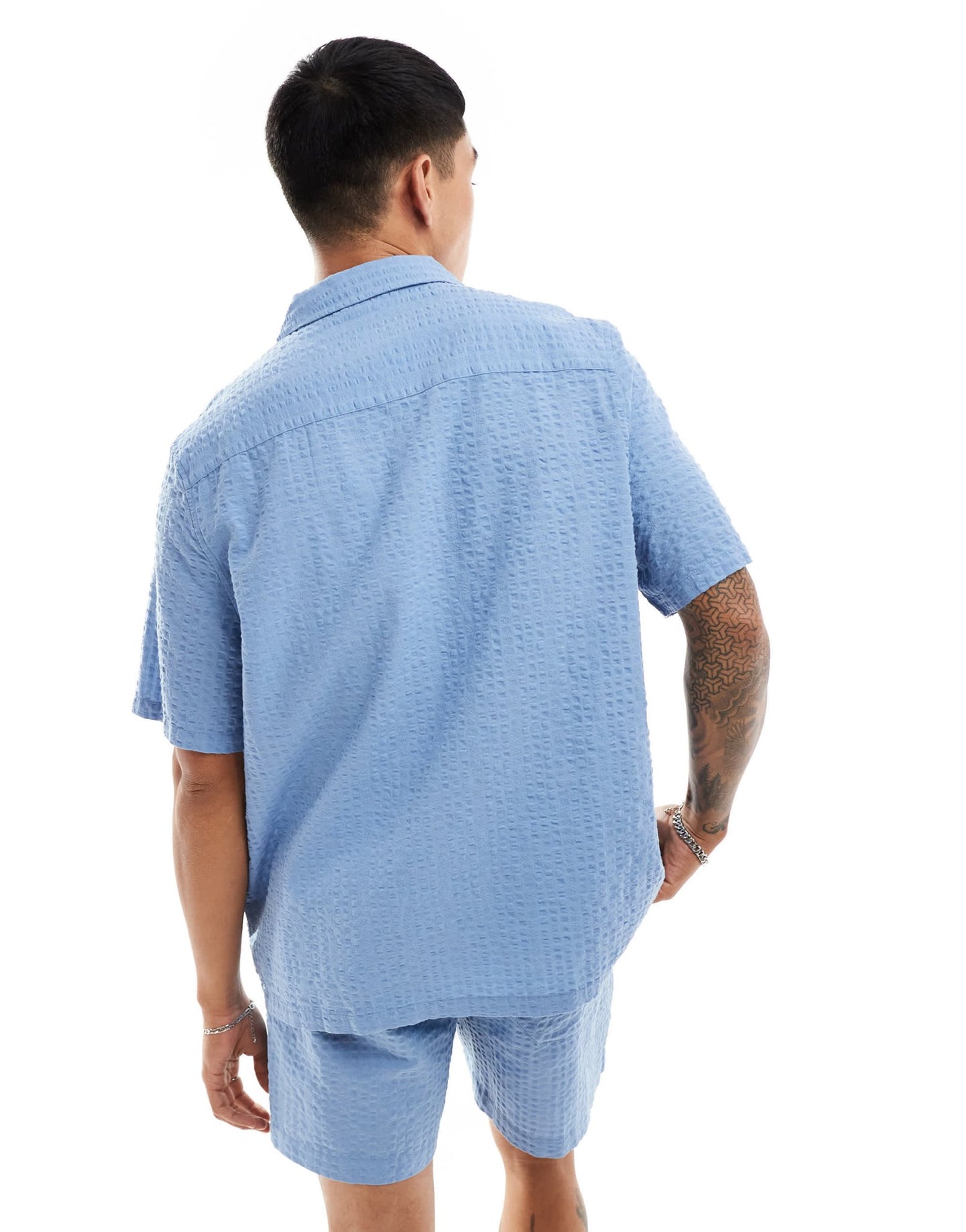 ASOS DESIGN co - ord 90s oversized short sleeve shirt in seersucker texture in dusty blue - ASOS Sample Sale EU Store
