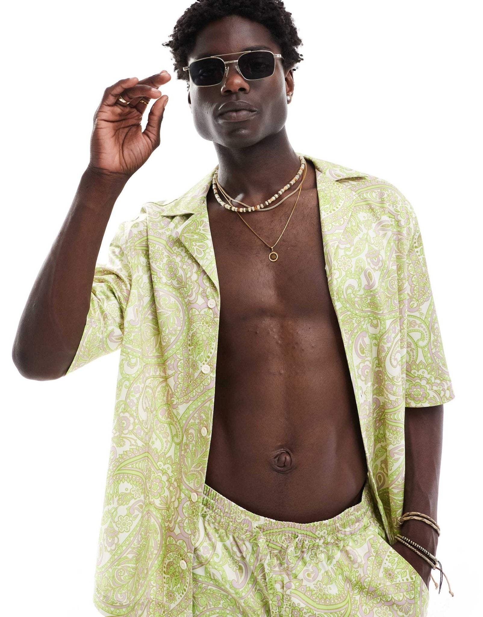 ASOS DESIGN co - ord boxy relaxed deep revere shirt with paisley print in green - ASOS Sample Sale EU Store