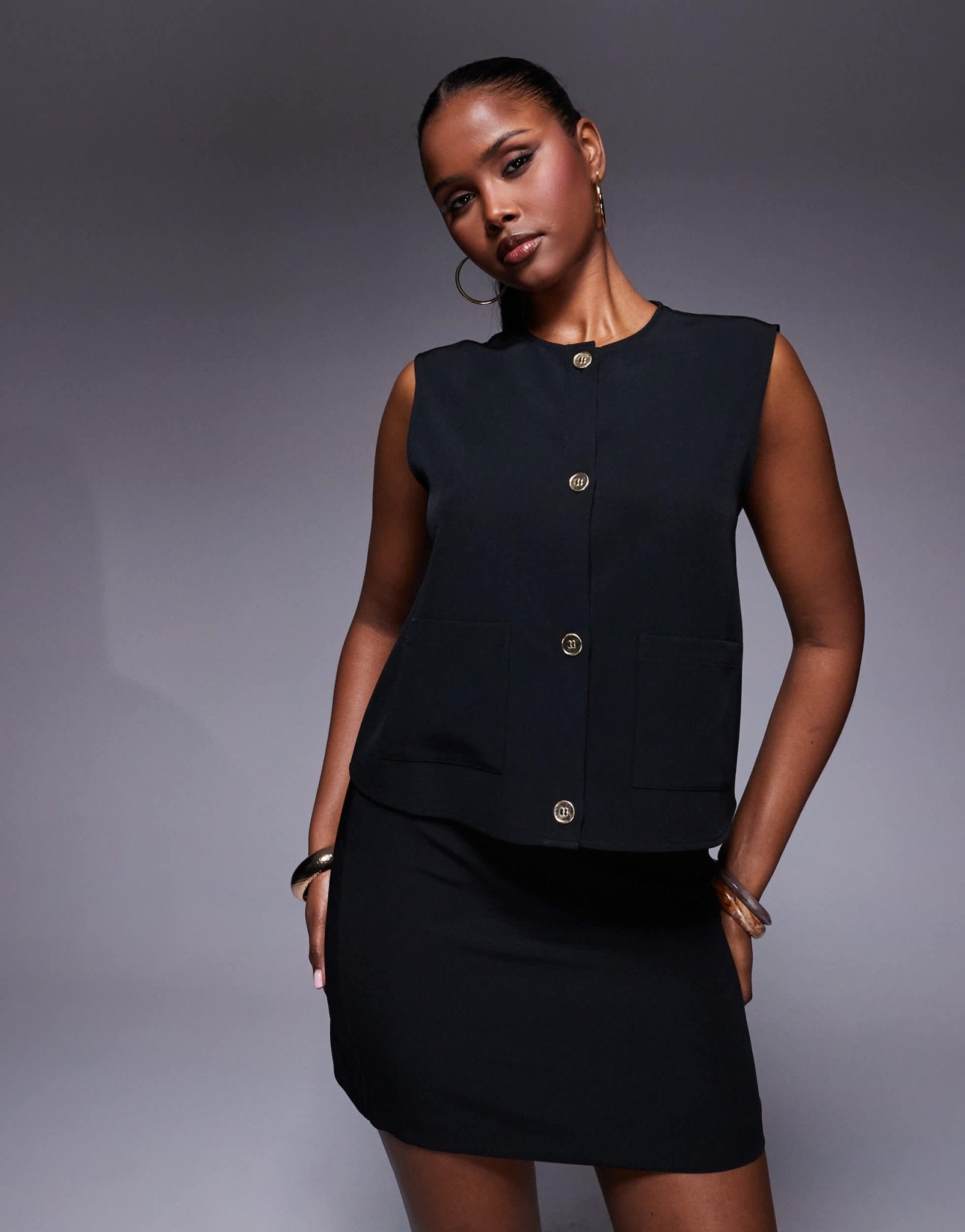 ASOS DESIGN co - ord boxy waistcoat in black with gold buttons - ASOS Sample Sale EU Store