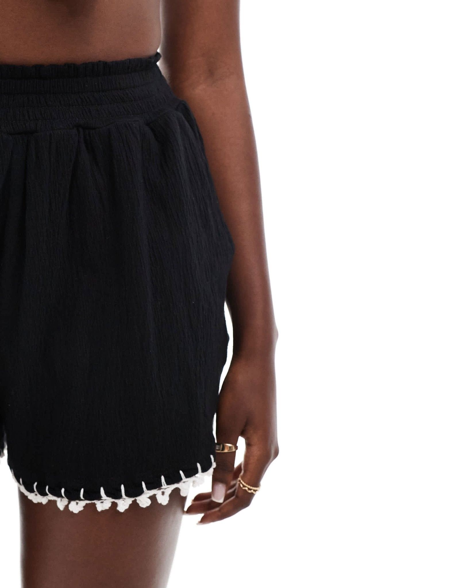 ASOS DESIGN co - ord crochet trim ruched waist shorts in black - ASOS Sample Sale EU Store