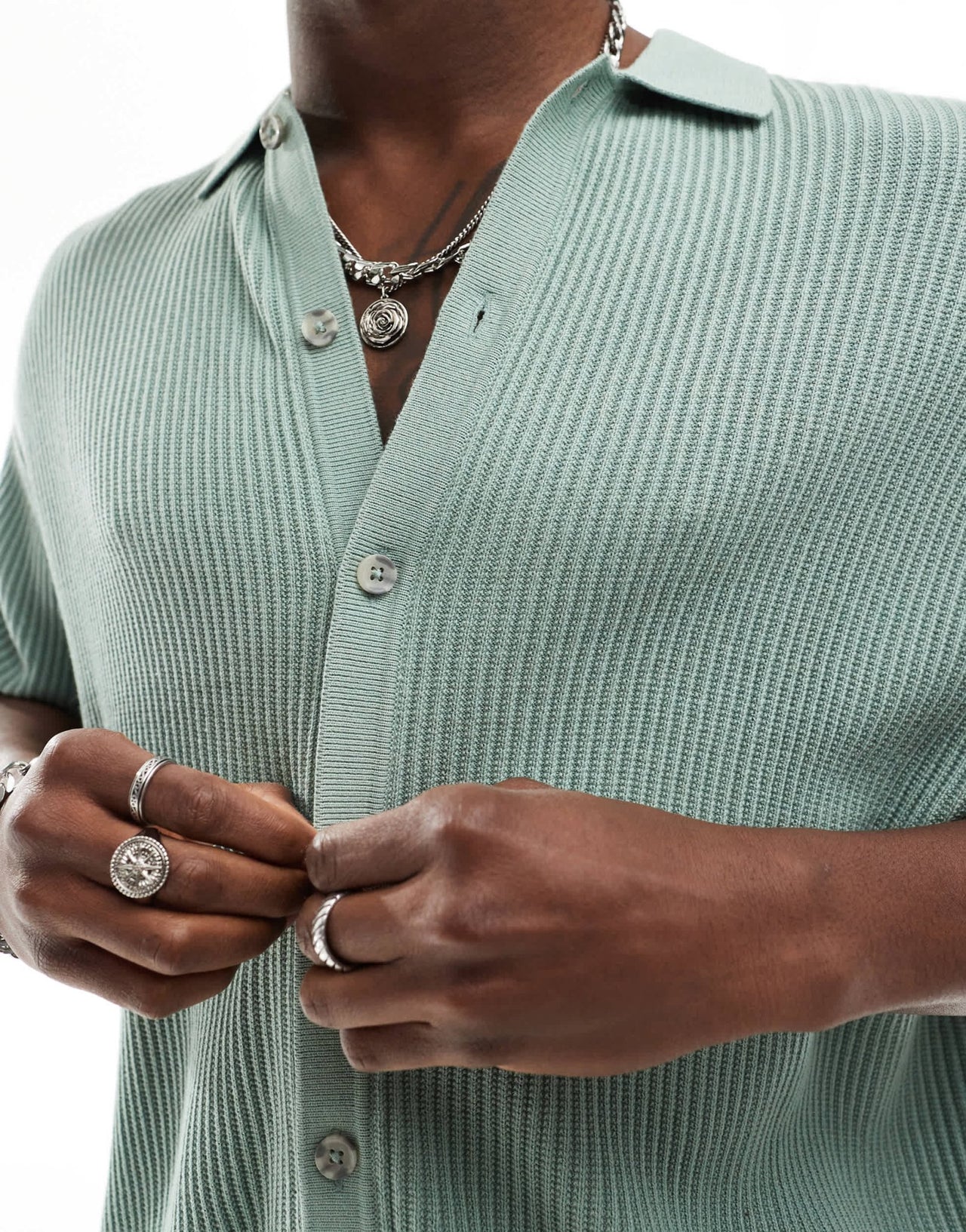ASOS DESIGN co - ord knitted button through polo in sage green twisted rib - ASOS Sample Sale EU Store