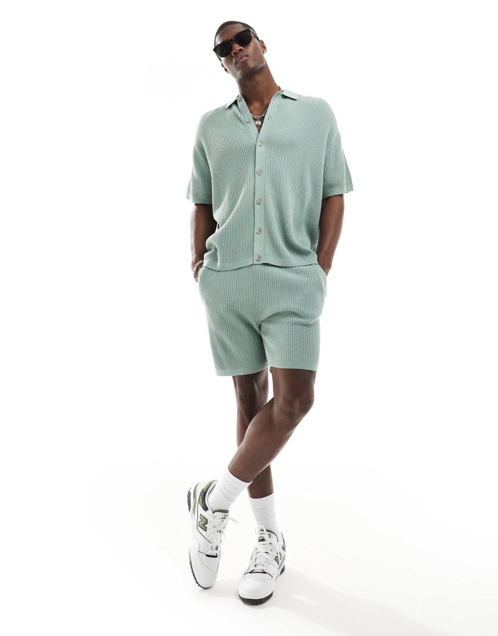 ASOS DESIGN co - ord knitted button through polo in sage green twisted rib - ASOS Sample Sale EU Store