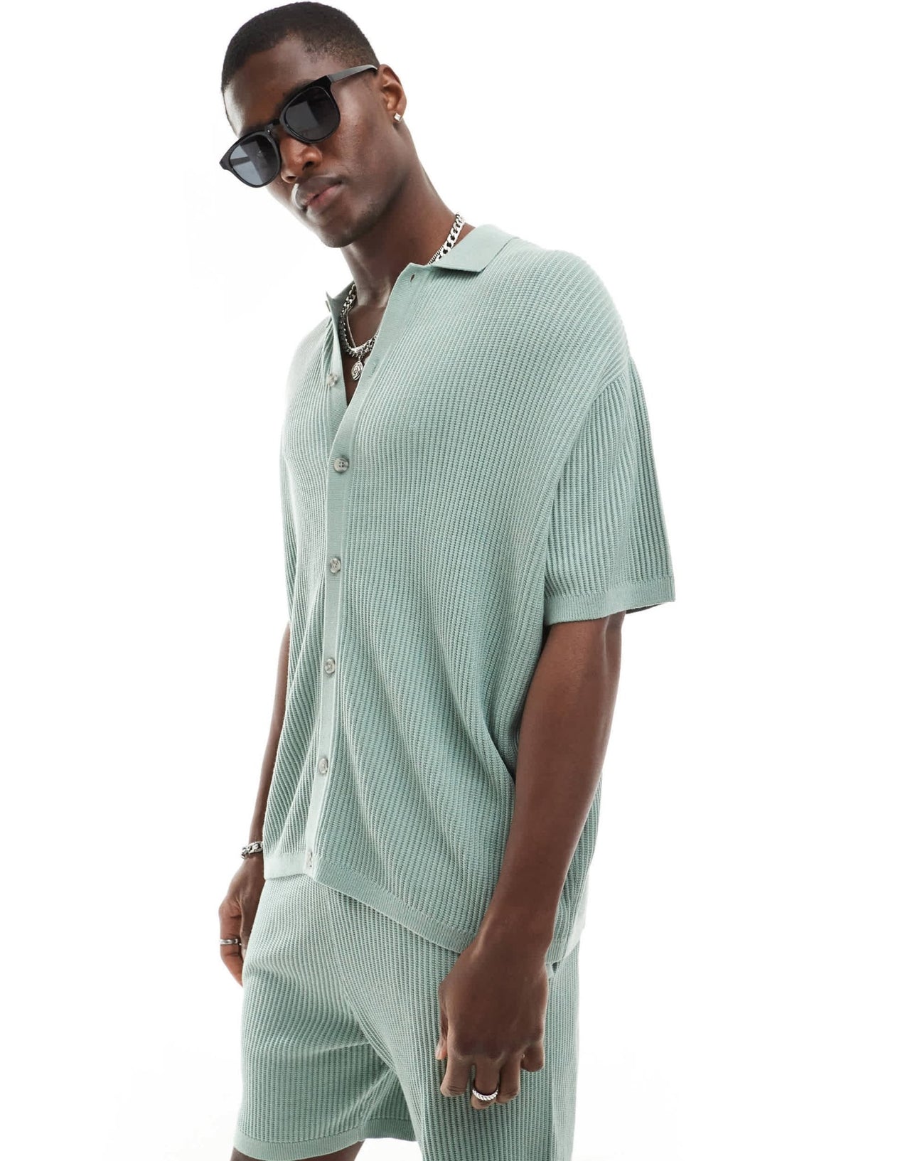 ASOS DESIGN co - ord knitted button through polo in sage green twisted rib - ASOS Sample Sale EU Store