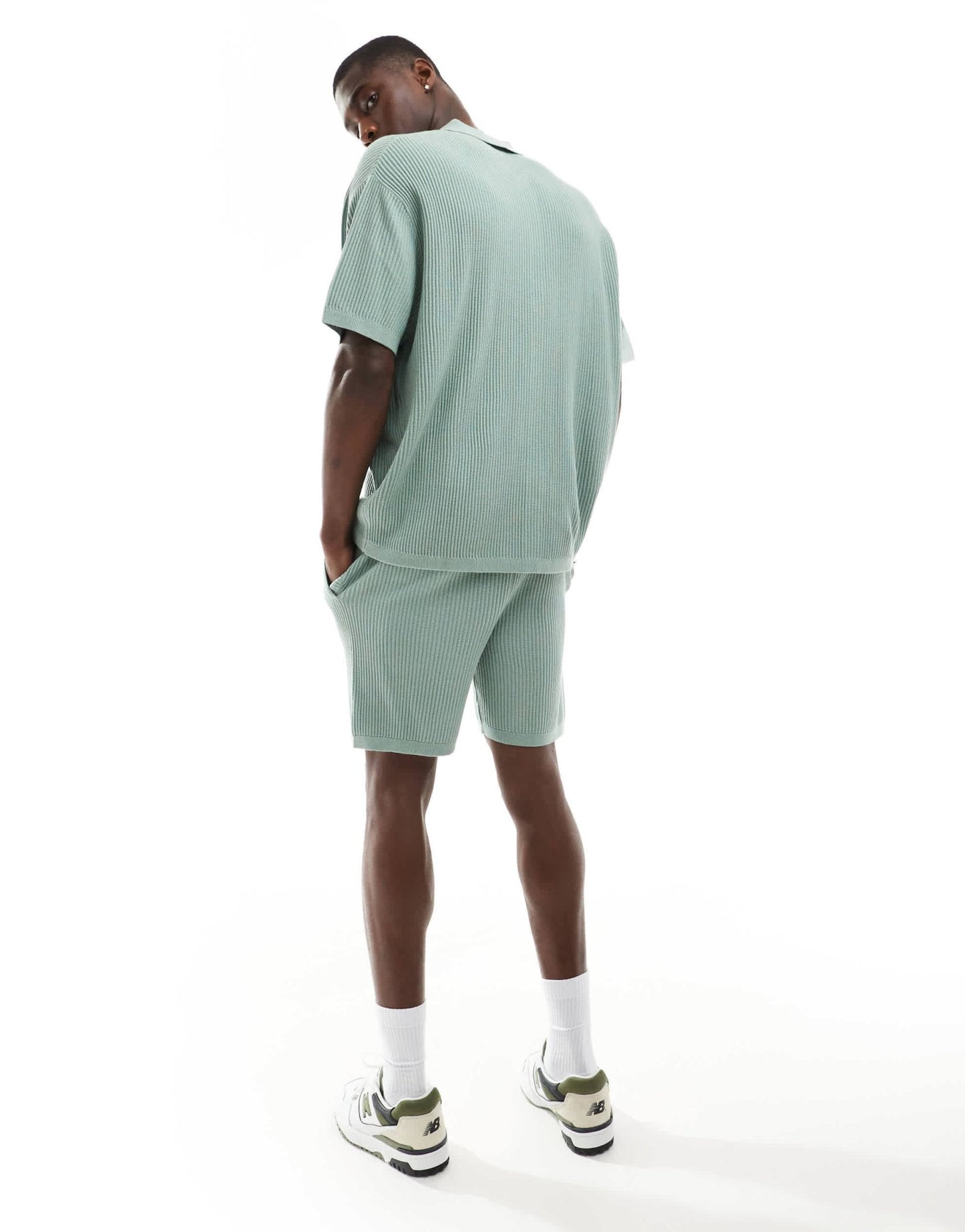 ASOS DESIGN co - ord knitted button through polo in sage green twisted rib - ASOS Sample Sale EU Store