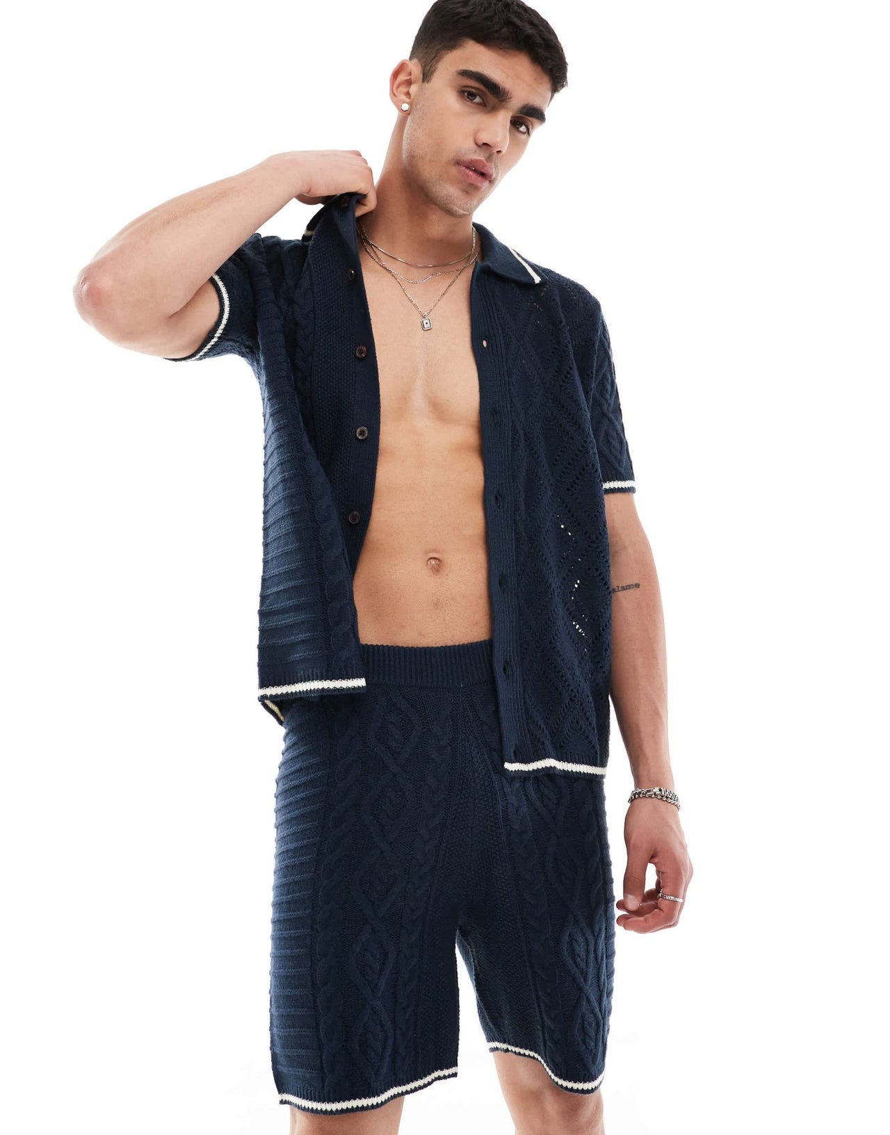 ASOS DESIGN co - ord knitted spliced cable and pointelle stitch shorts with tipping in navy - ASOS Sample Sale EU Store