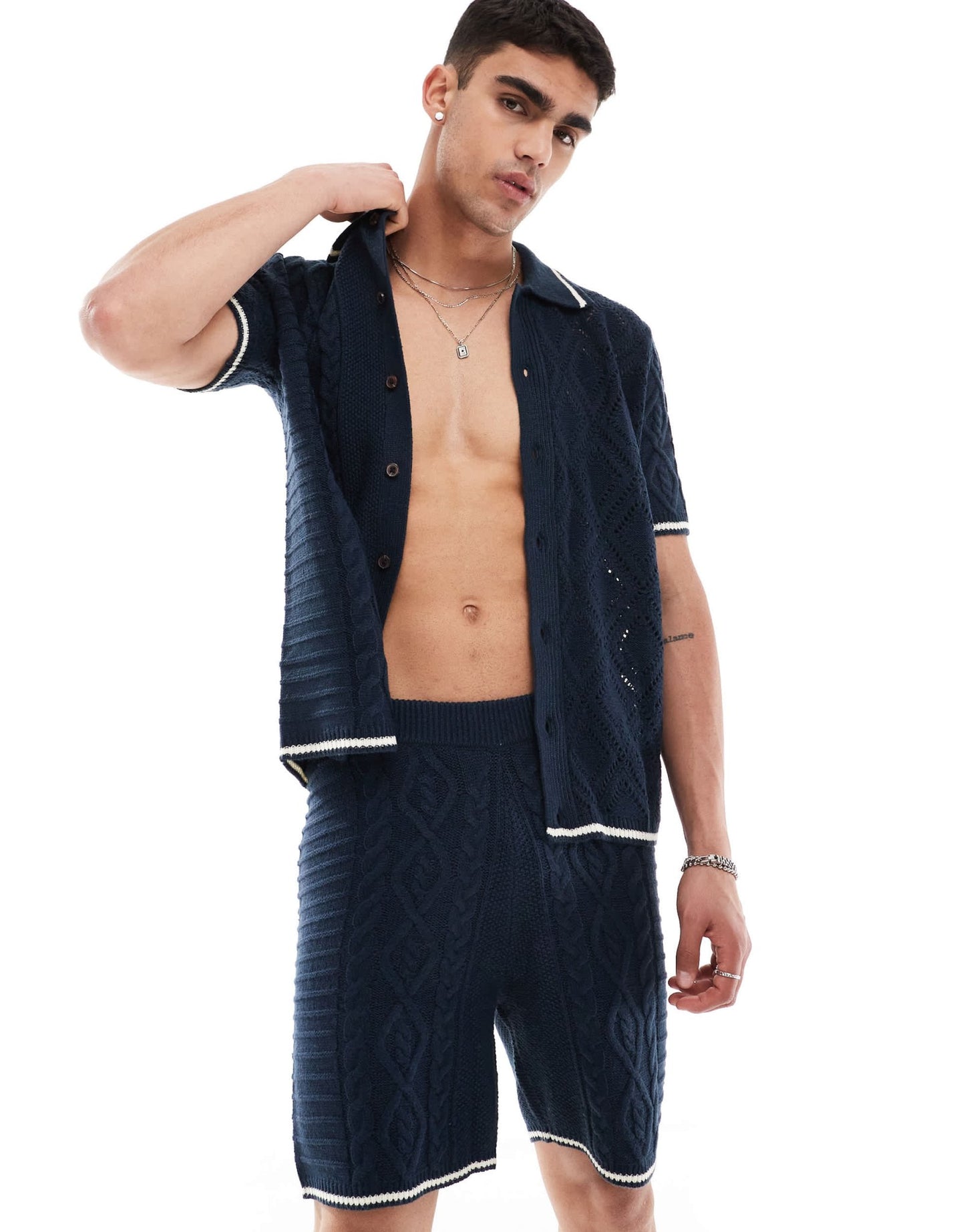 ASOS DESIGN co - ord knitted spliced cable and pointelle stitch shorts with tipping in navy - ASOS Sample Sale EU Store