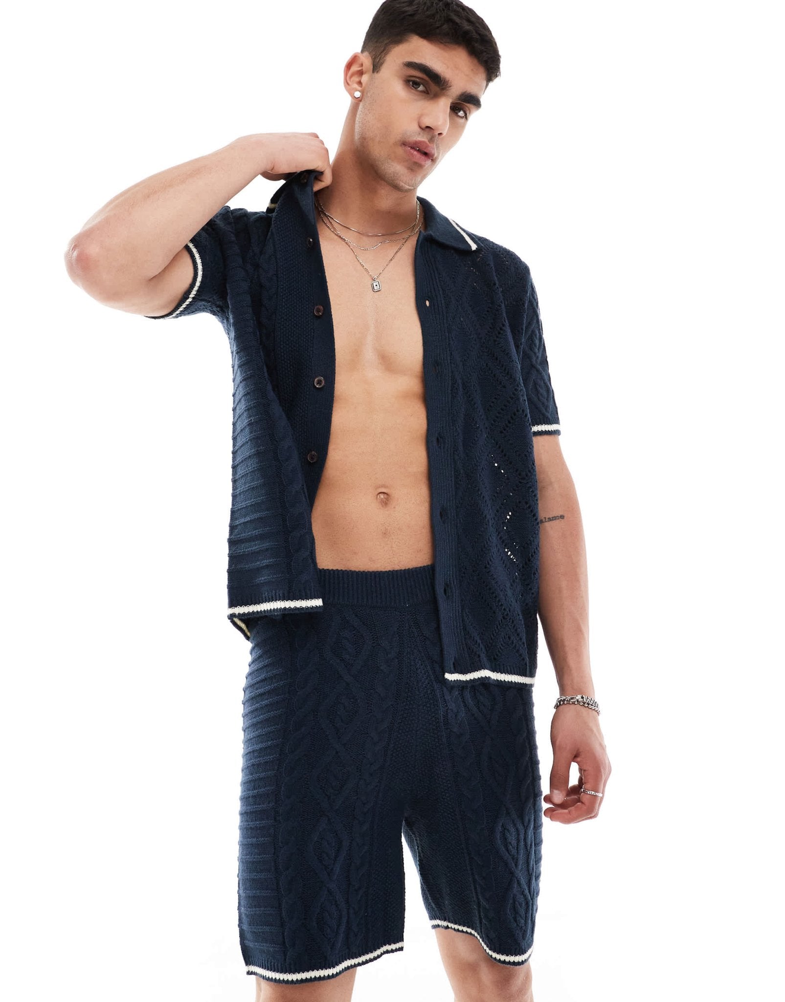 ASOS DESIGN co - ord knitted spliced cable and pointelle stitch shorts with tipping in navy - ASOS Sample Sale EU Store