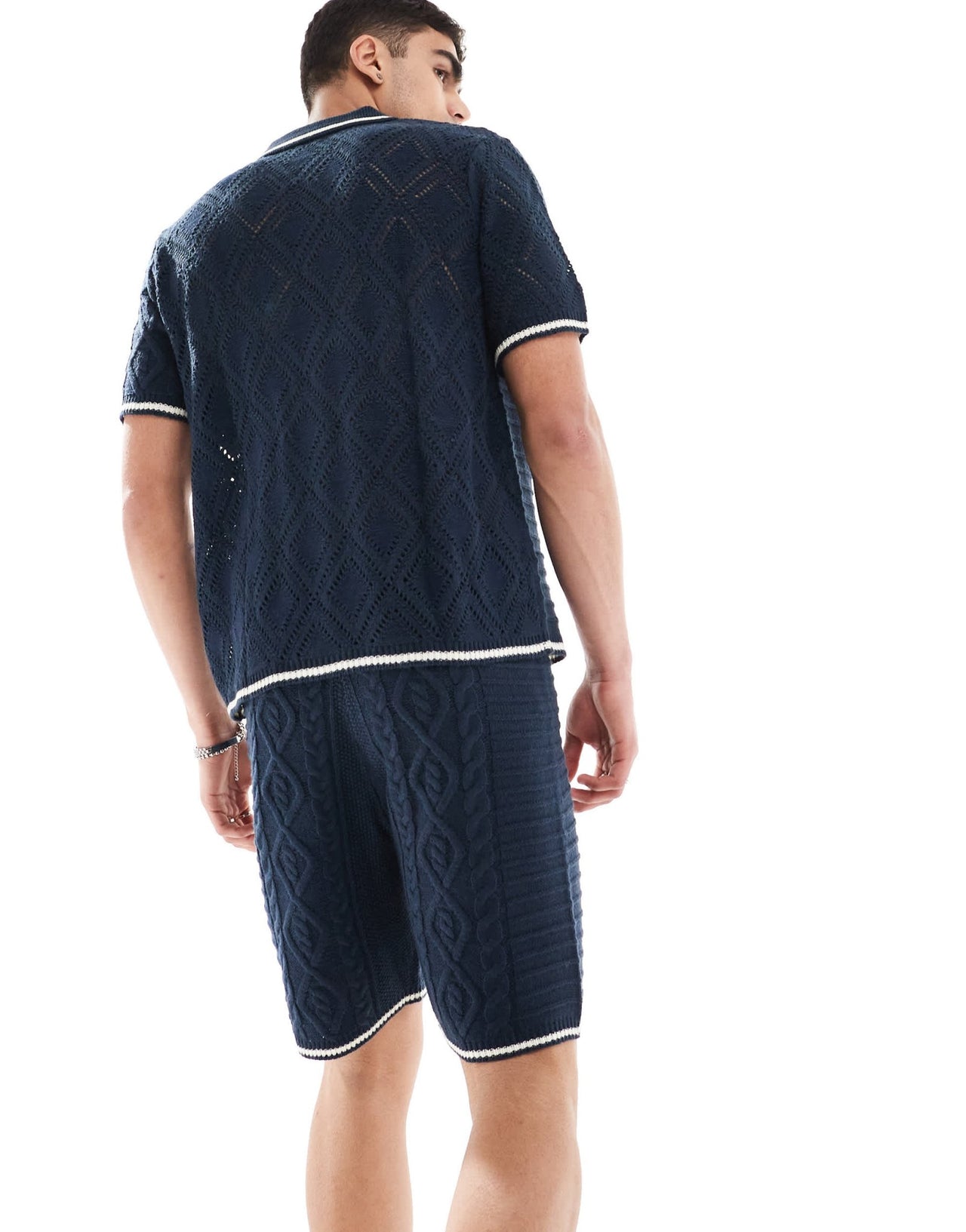 ASOS DESIGN co - ord knitted spliced cable and pointelle stitch shorts with tipping in navy - ASOS Sample Sale EU Store
