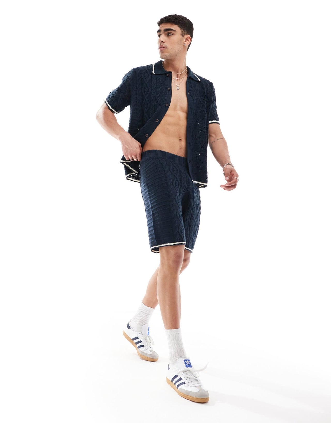 ASOS DESIGN co - ord knitted spliced cable and pointelle stitch shorts with tipping in navy - ASOS Sample Sale EU Store