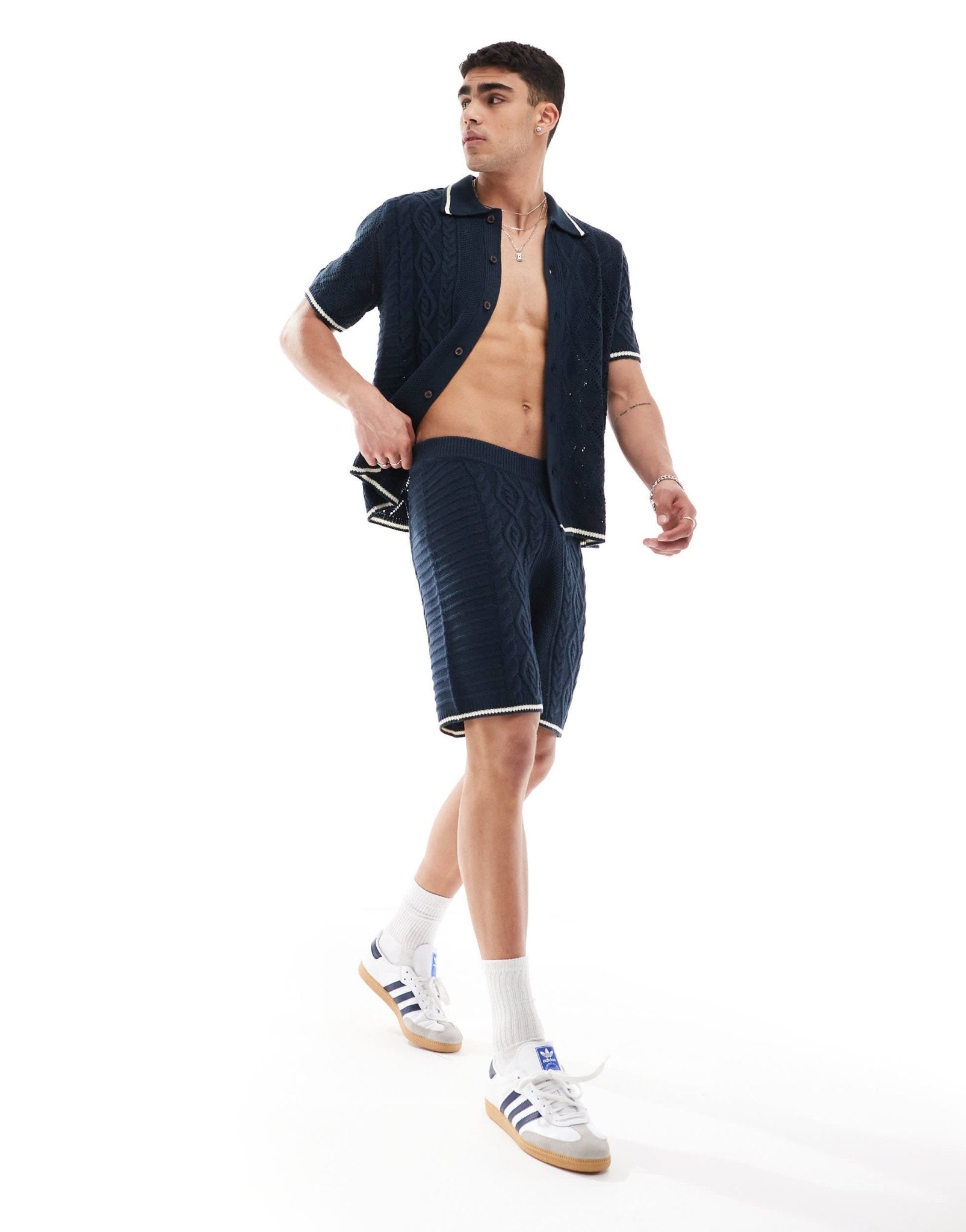 ASOS DESIGN co - ord knitted spliced cable and pointelle stitch shorts with tipping in navy - ASOS Sample Sale EU Store