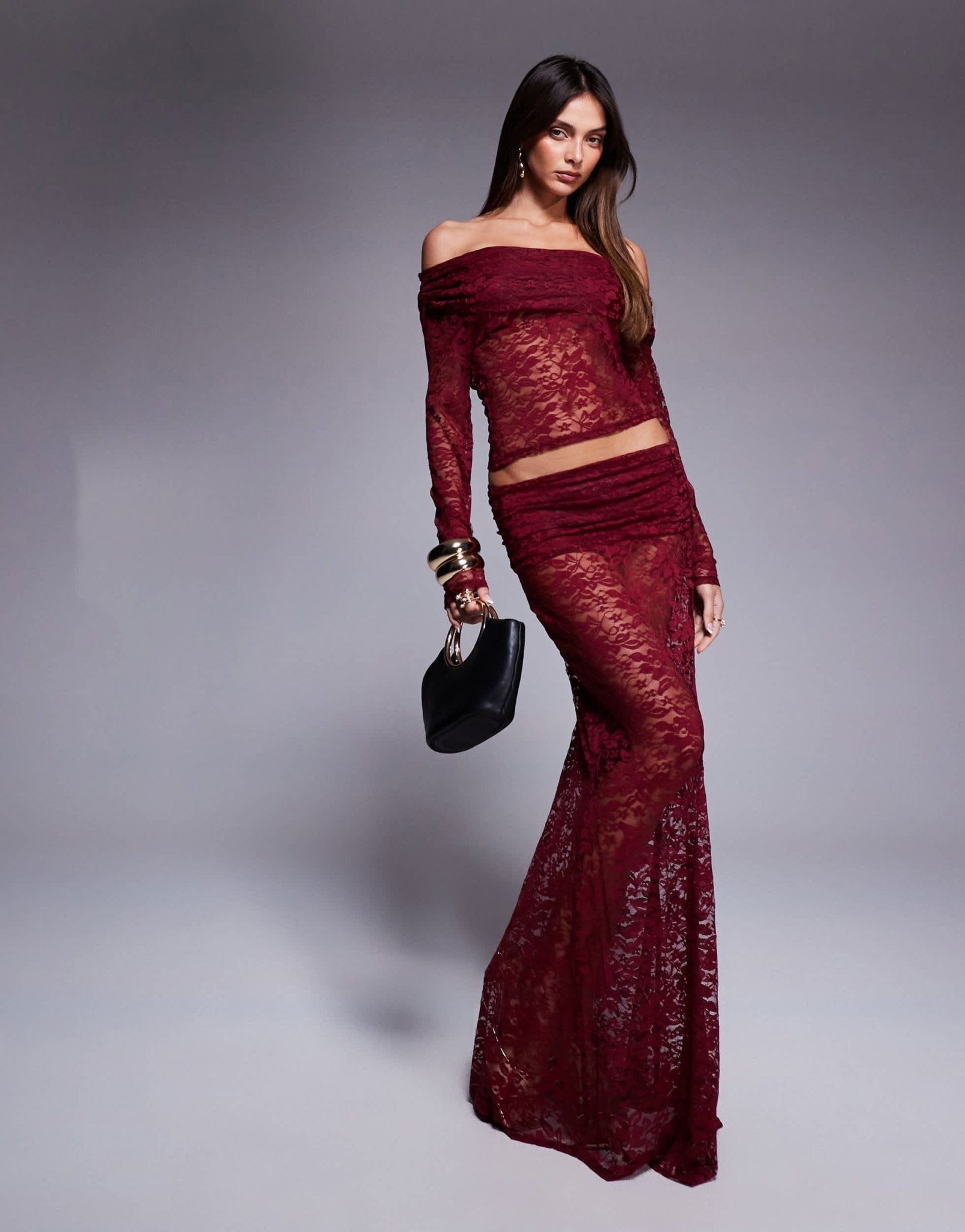 ASOS DESIGN co - ord lace off the shoulder long sleeve top in burgundy - ASOS Sample Sale EU Store