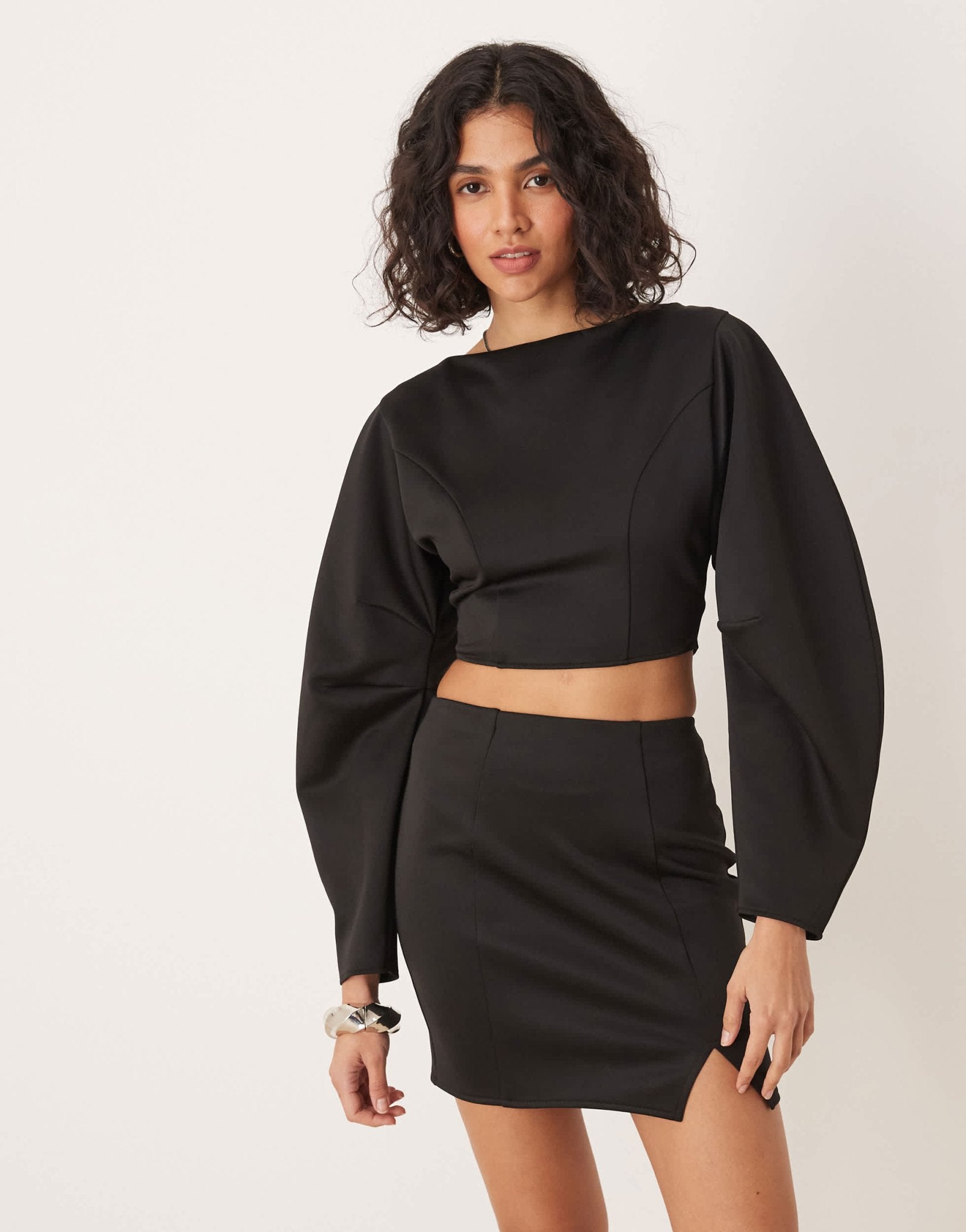 ASOS DESIGN co - ord open back crop top with volume sleeves in black in scuba - style fabric - ASOS Sample Sale EU Store