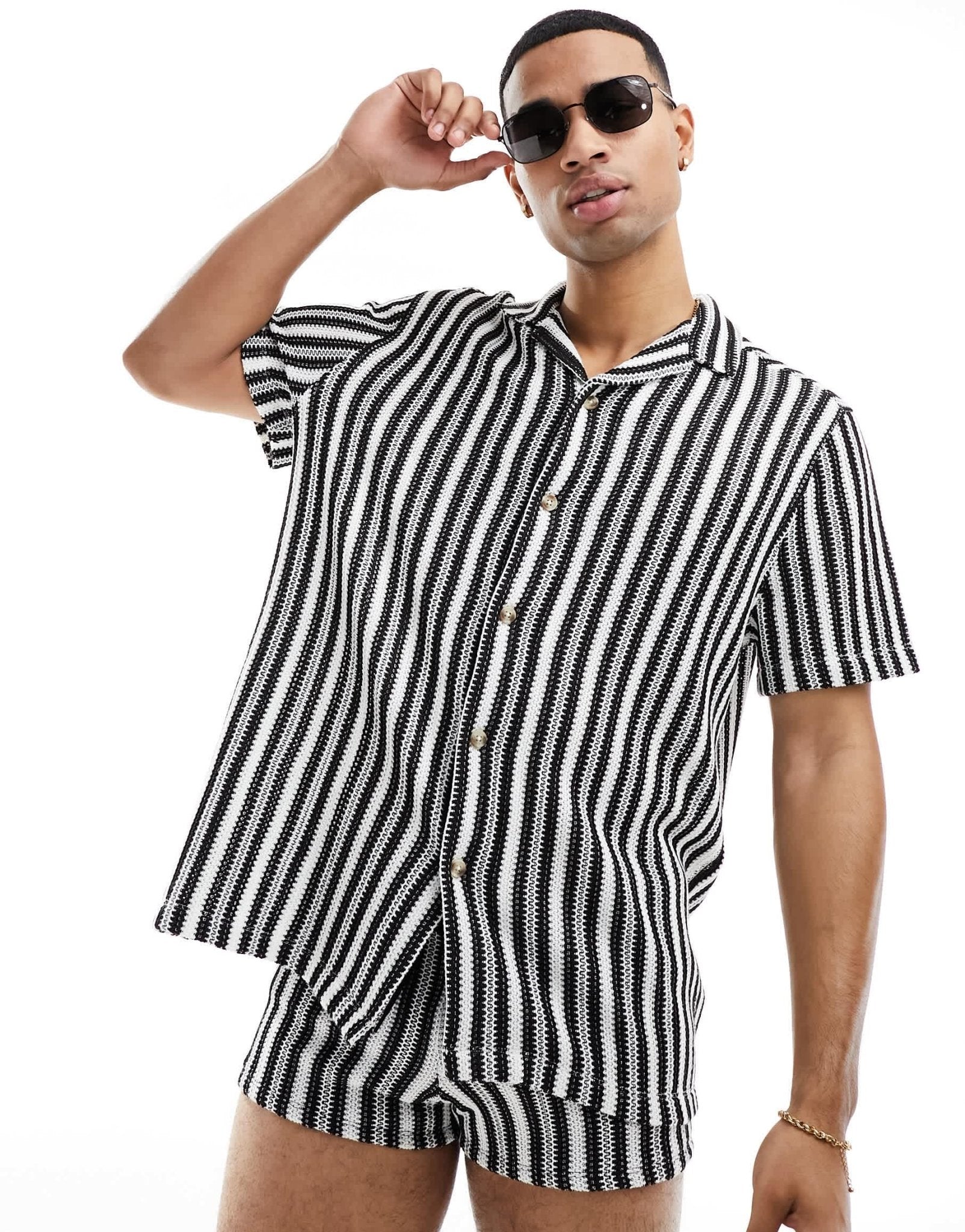 ASOS DESIGN co - ord relaxed revere shirt in black and white crochet stripe - ASOS Sample Sale EU Store