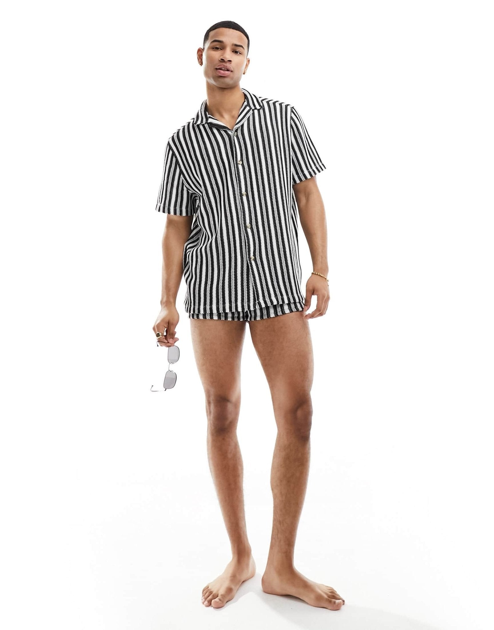 ASOS DESIGN co - ord relaxed revere shirt in black and white crochet stripe - ASOS Sample Sale EU Store