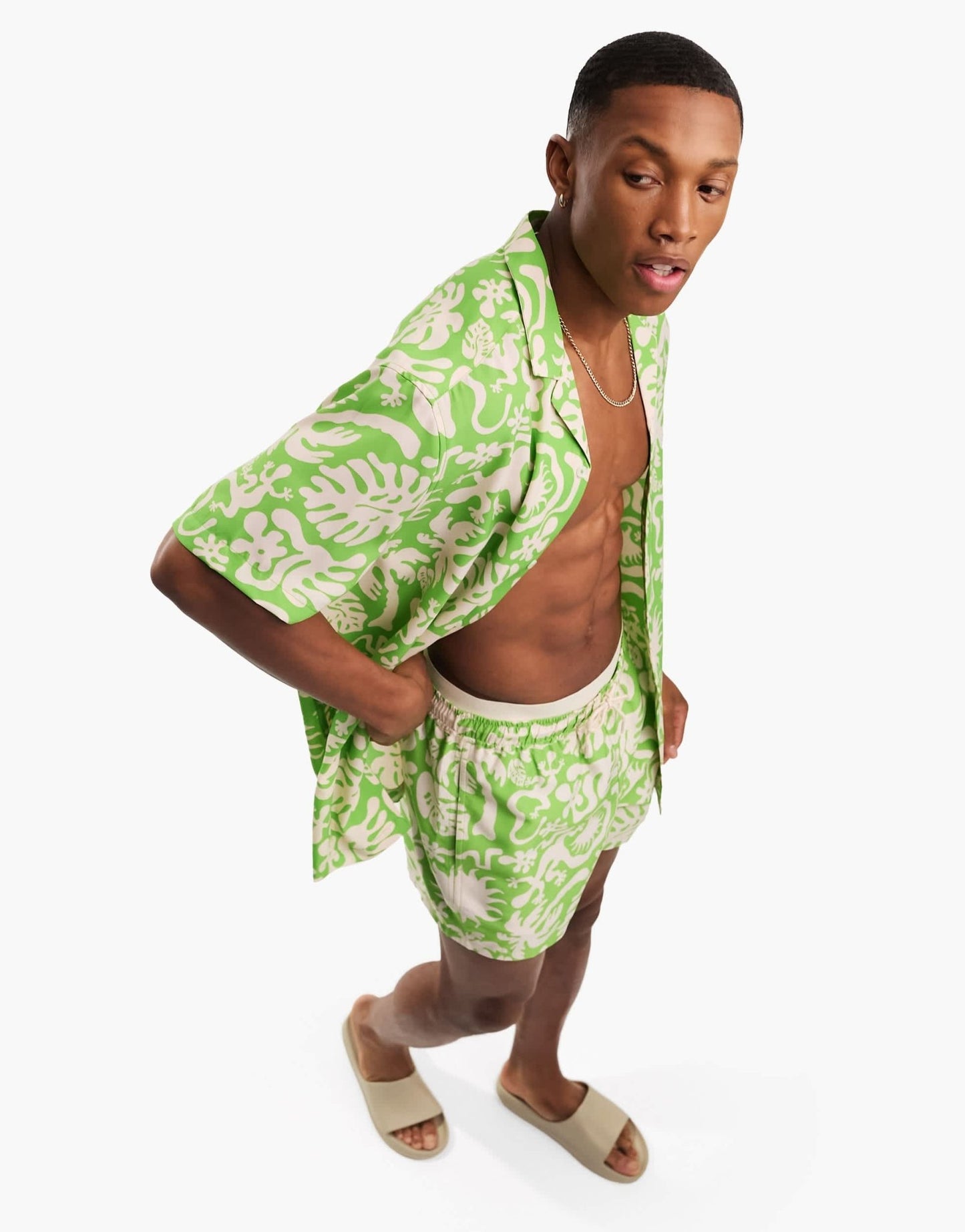 ASOS DESIGN co - ord relaxed revere shirt in green animal print - ASOS Sample Sale EU Store