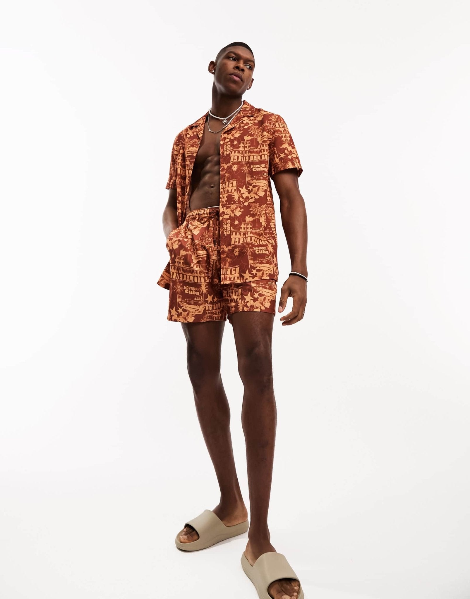 ASOS DESIGN co - ord revere shirt in brown print - ASOS Sample Sale EU Store