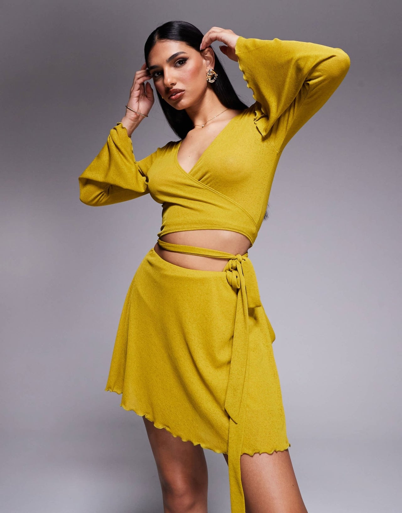 ASOS DESIGN co - ord ruffle mesh wrap mini skirt with side knot detail in chartreuse - ASOS Sample Sale EU Store