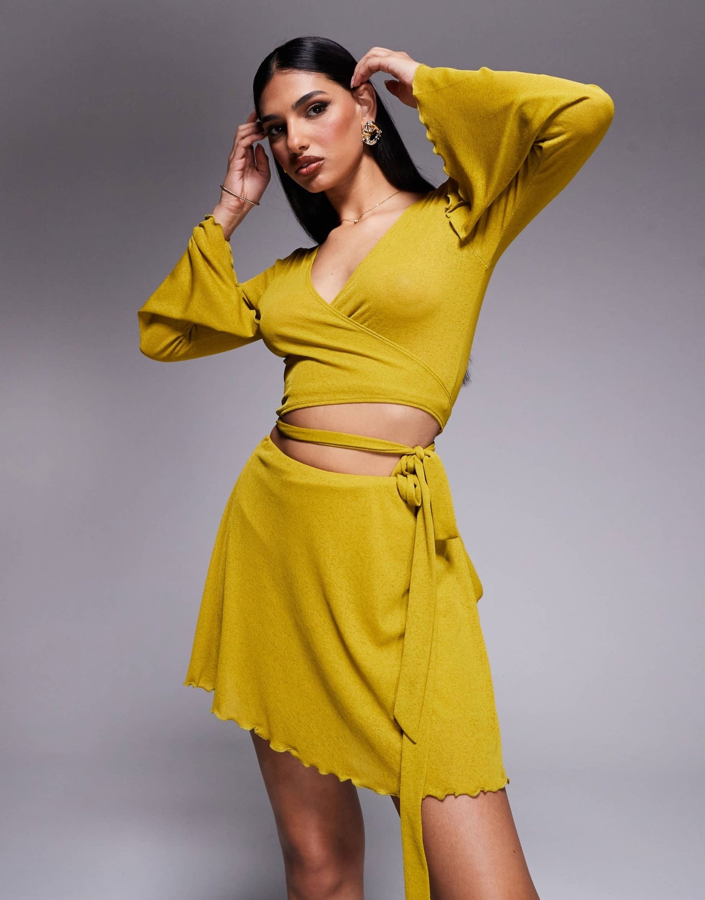 ASOS DESIGN co - ord ruffle mesh wrap mini skirt with side knot detail in chartreuse - ASOS Sample Sale EU Store