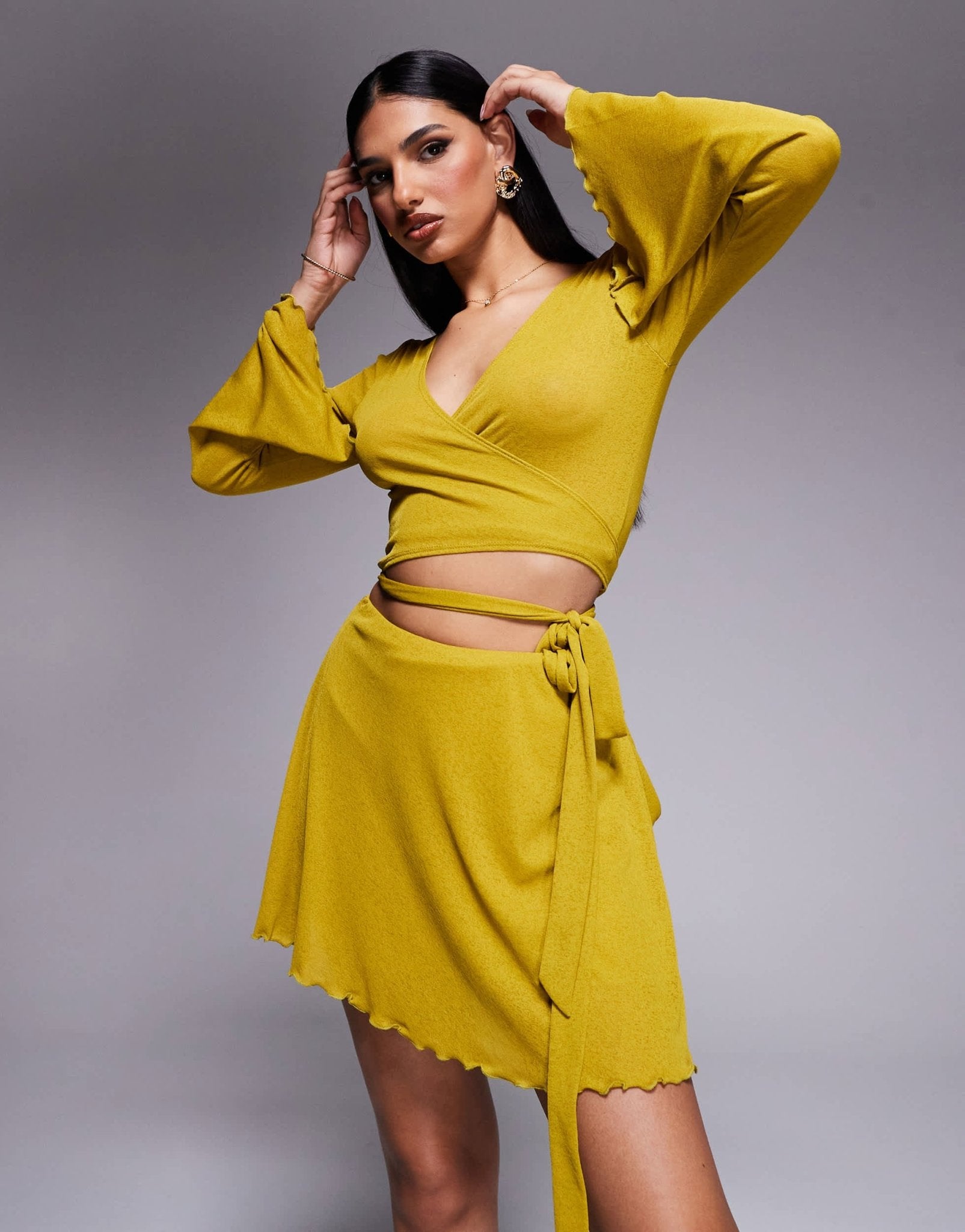 ASOS DESIGN co - ord ruffle mesh wrap mini skirt with side knot detail in chartreuse - ASOS Sample Sale EU Store