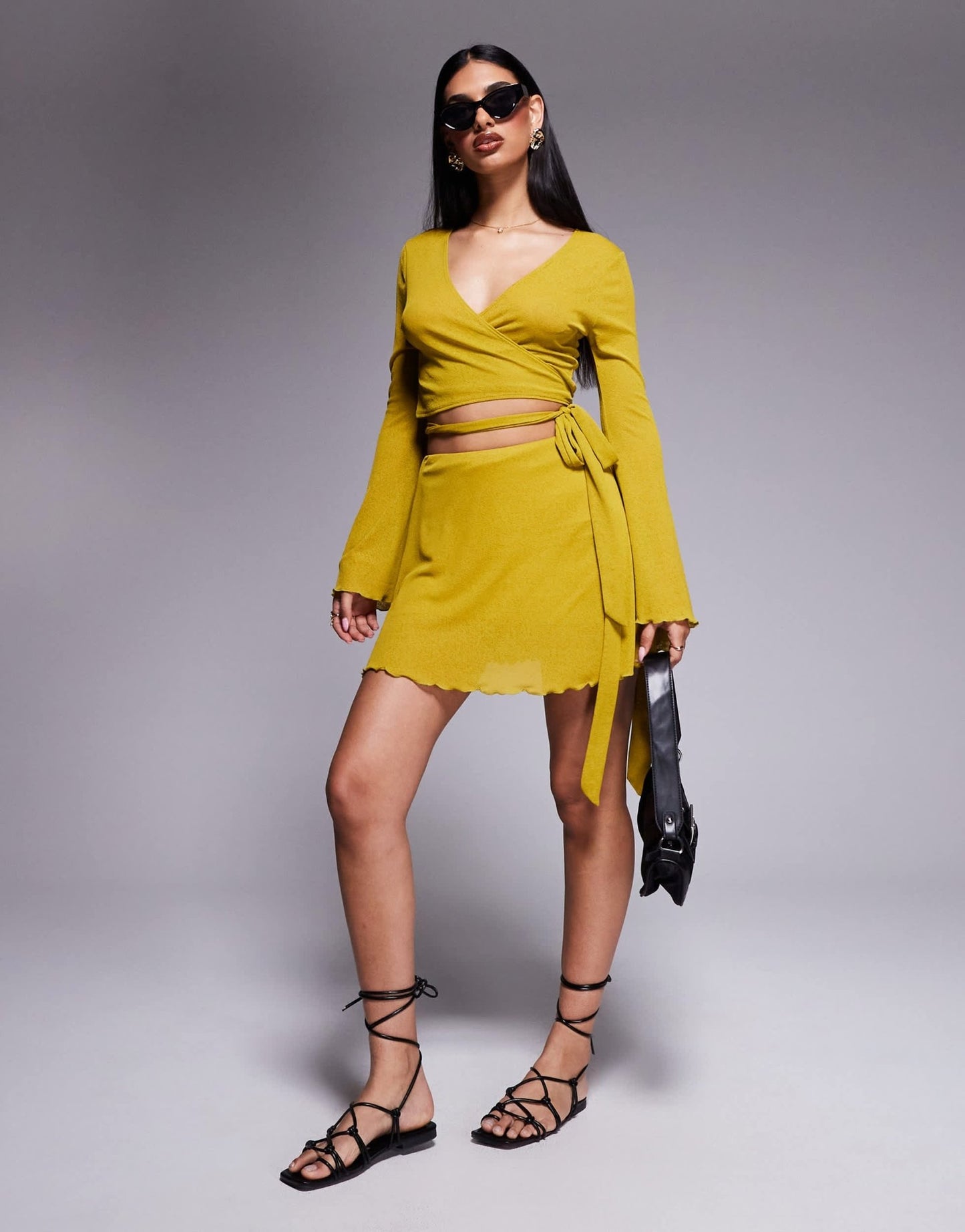 ASOS DESIGN co - ord ruffle mesh wrap mini skirt with side knot detail in chartreuse - ASOS Sample Sale EU Store