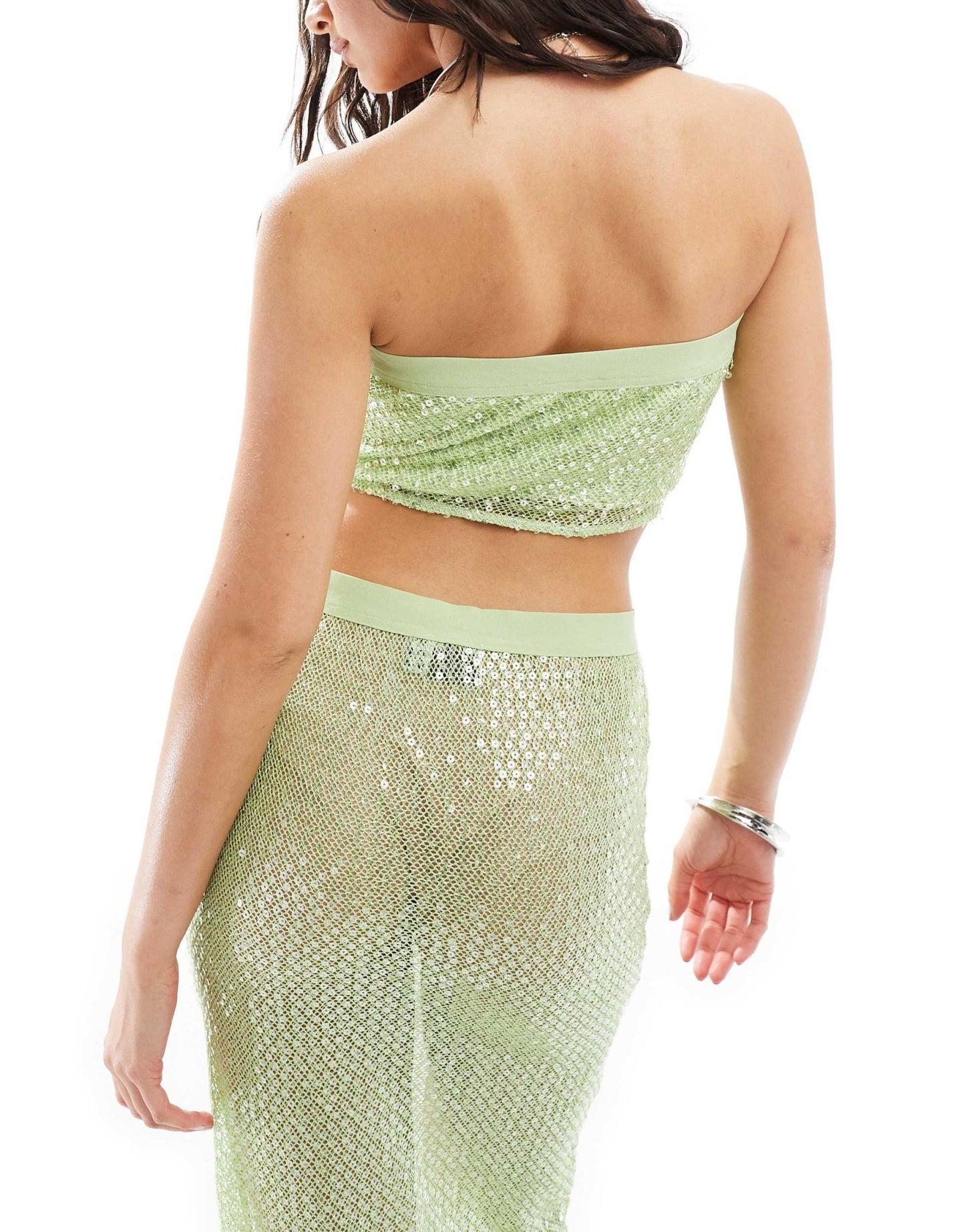 ASOS DESIGN co - ord sequin fishnet bandeau scarf hem top in lime - ASOS Sample Sale EU Store