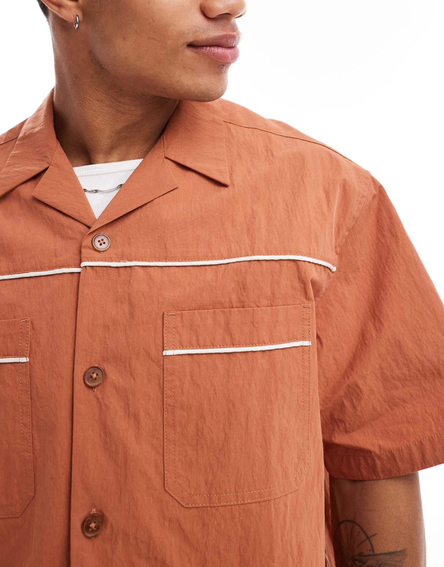 ASOS DESIGN co - ord short sleeve boxy oversized shirt with piping in rust - ASOS Sample Sale EU Store