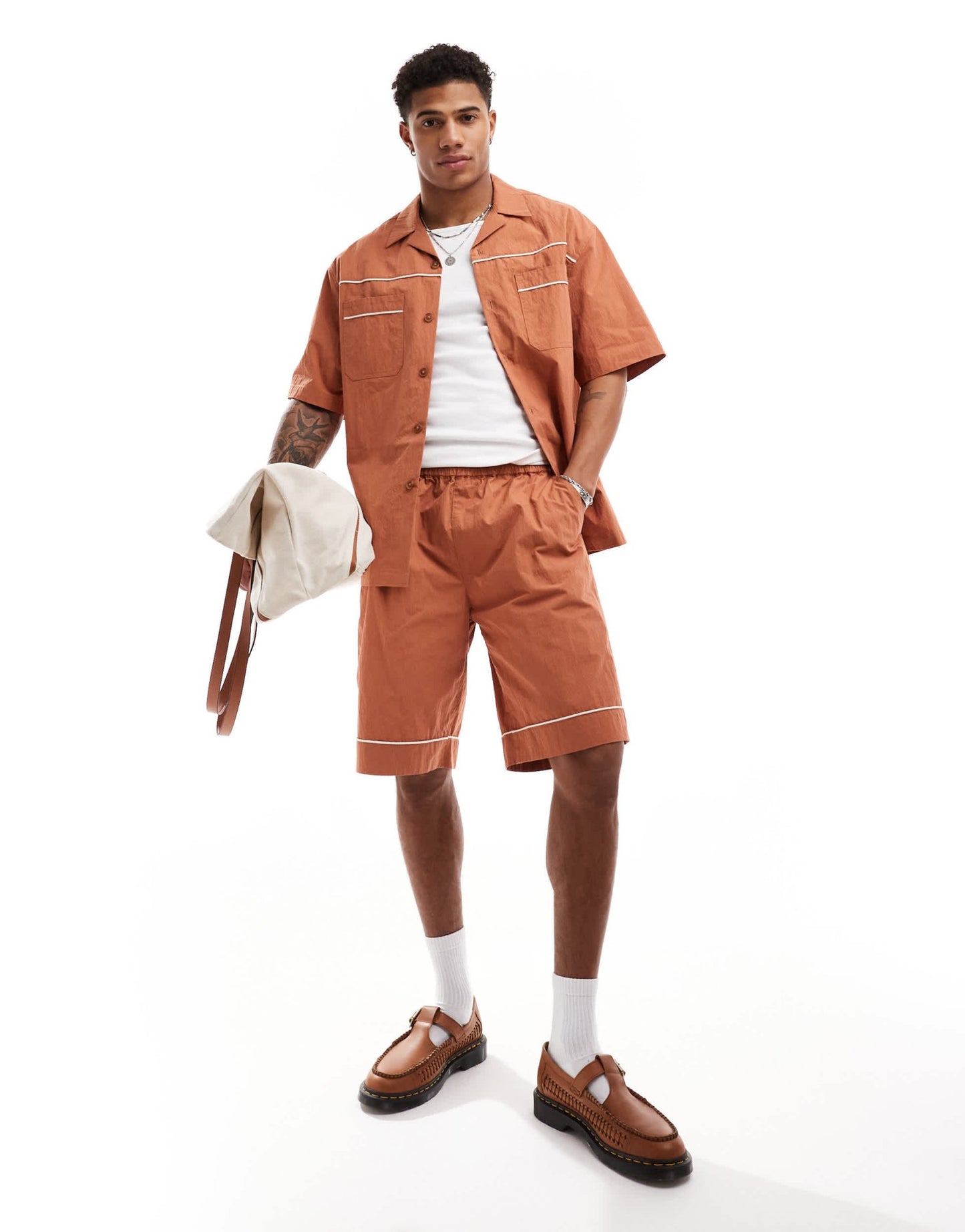 ASOS DESIGN co - ord short sleeve boxy oversized shirt with piping in rust - ASOS Sample Sale EU Store