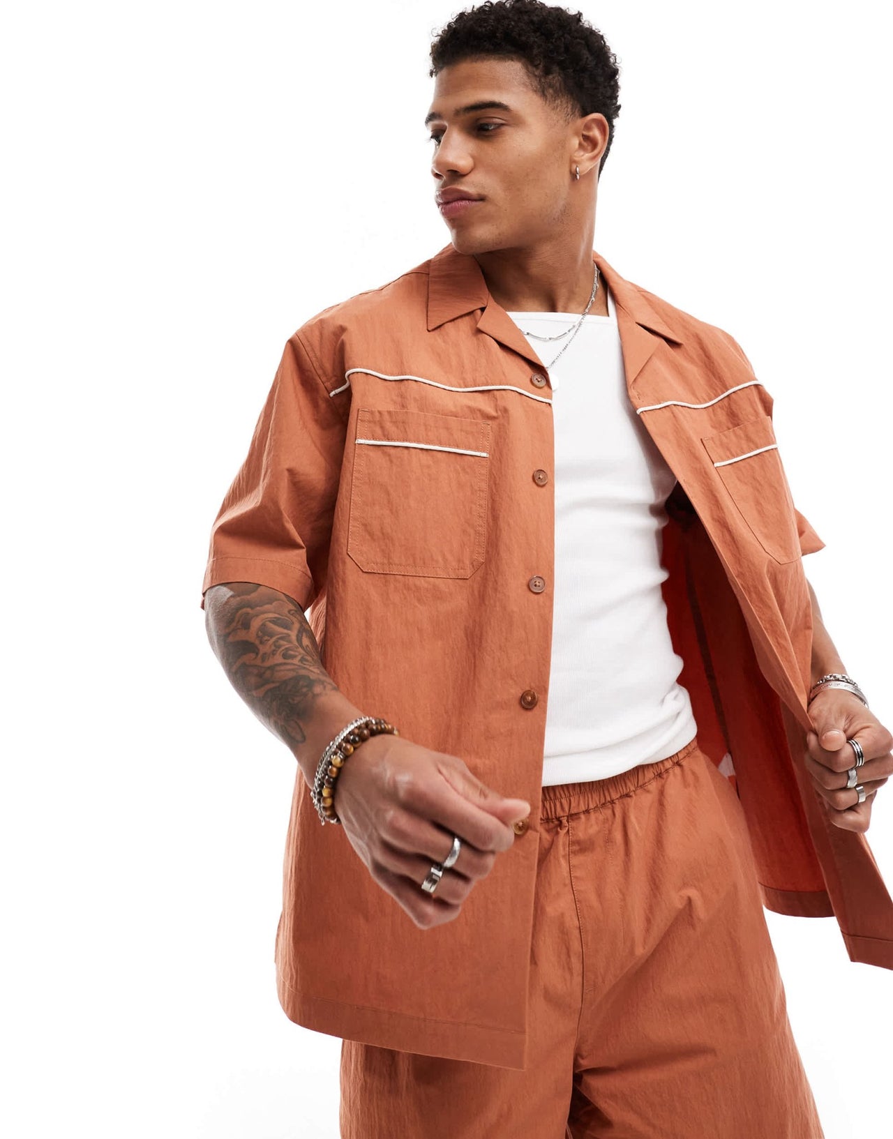 ASOS DESIGN co - ord short sleeve boxy oversized shirt with piping in rust - ASOS Sample Sale EU Store