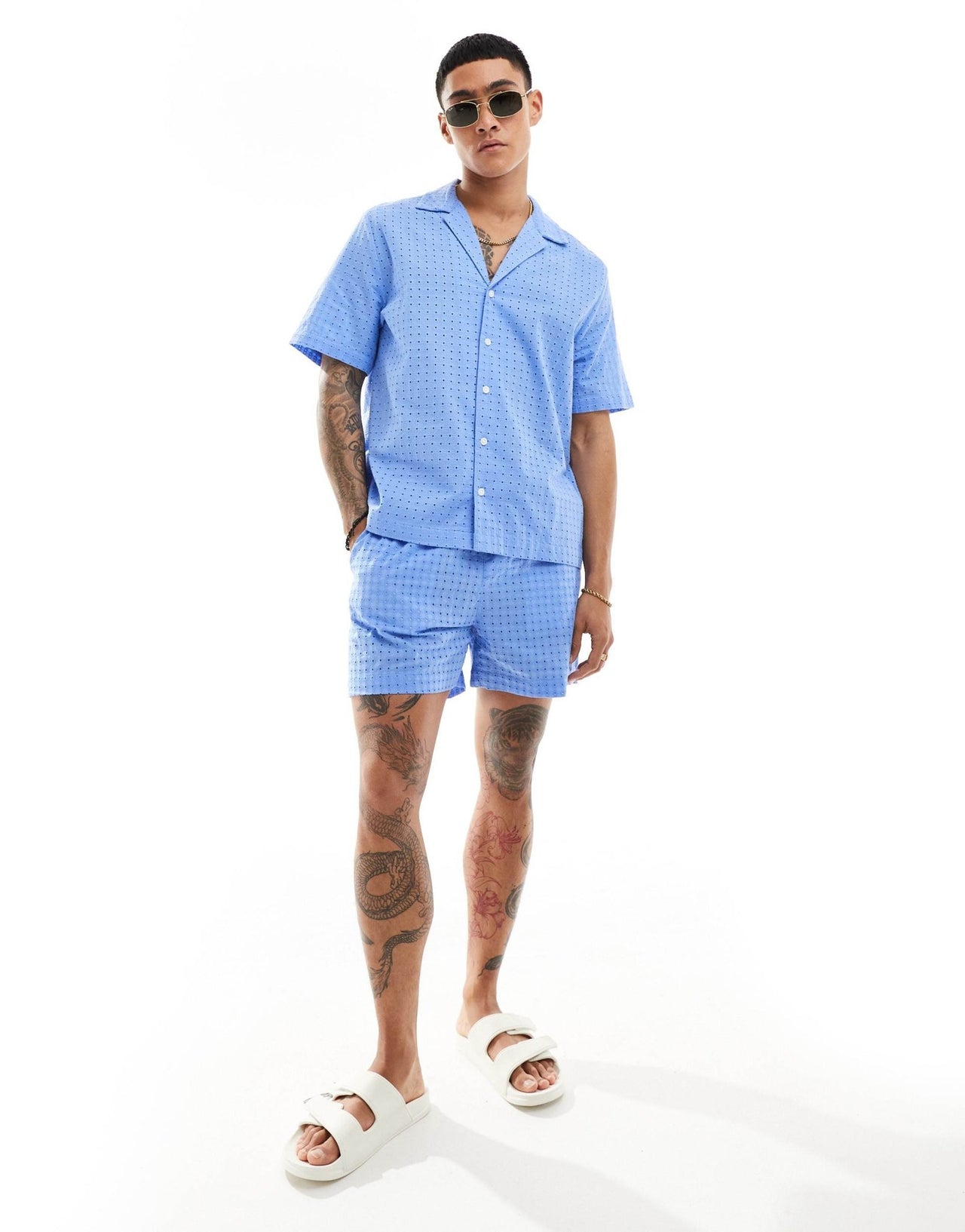 ASOS DESIGN co - ord short sleeve relaxed fit revere collar broderie shirt in dusty blue - ASOS Sample Sale EU Store