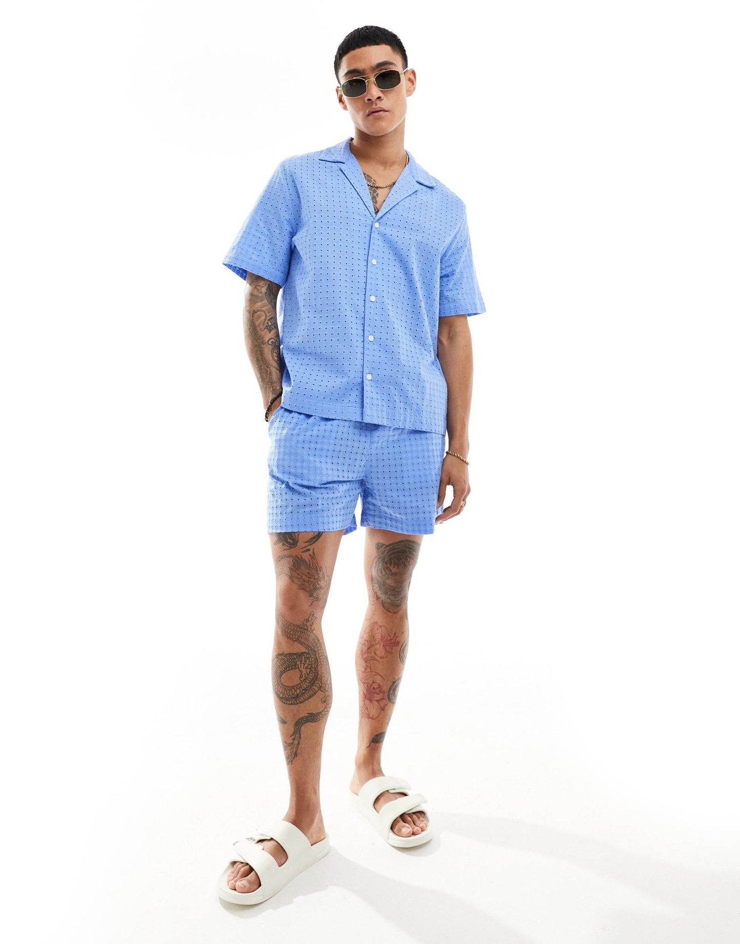 ASOS DESIGN co - ord short sleeve relaxed fit revere collar broderie shirt in dusty blue - ASOS Sample Sale EU Store