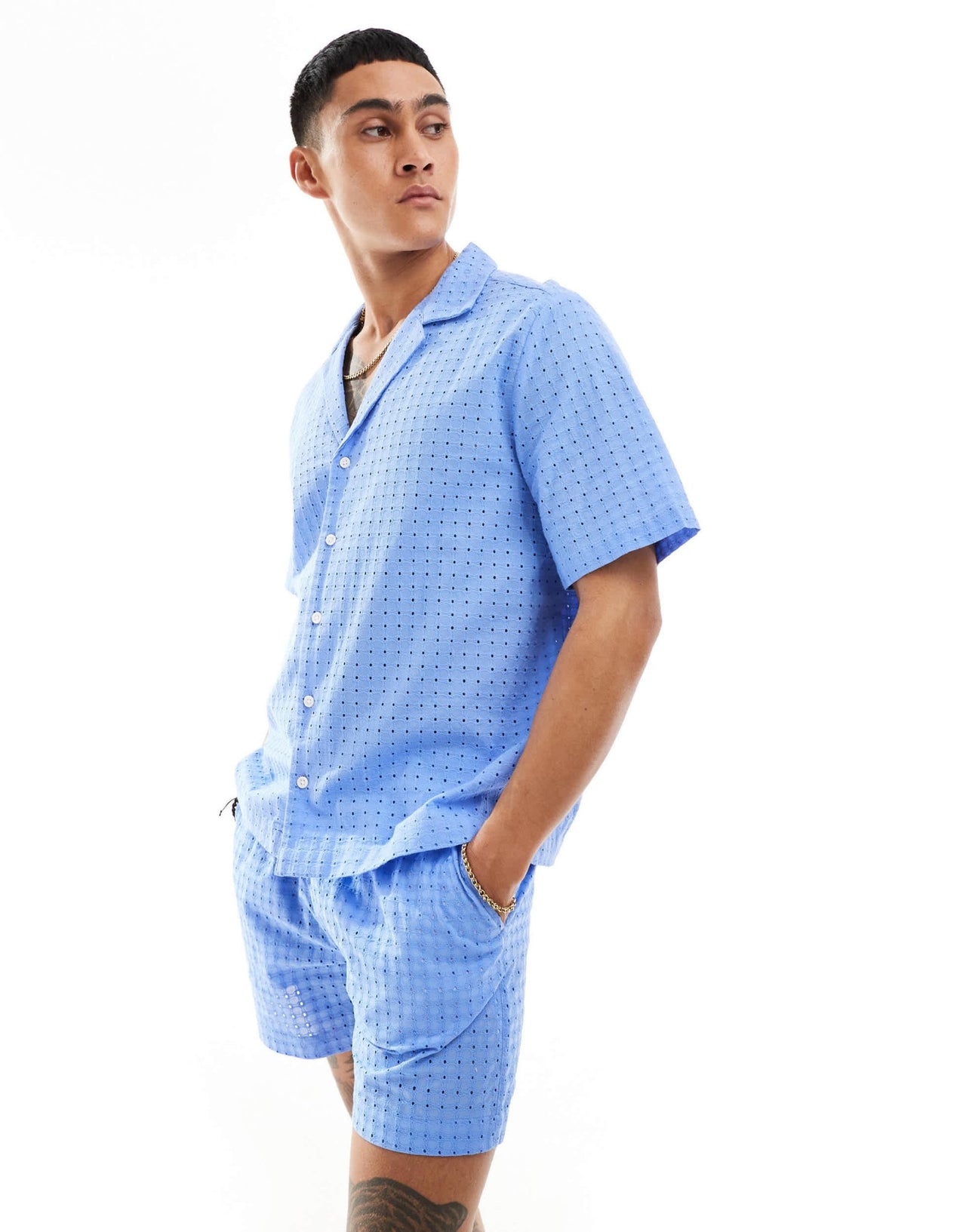 ASOS DESIGN co - ord short sleeve relaxed fit revere collar broderie shirt in dusty blue - ASOS Sample Sale EU Store