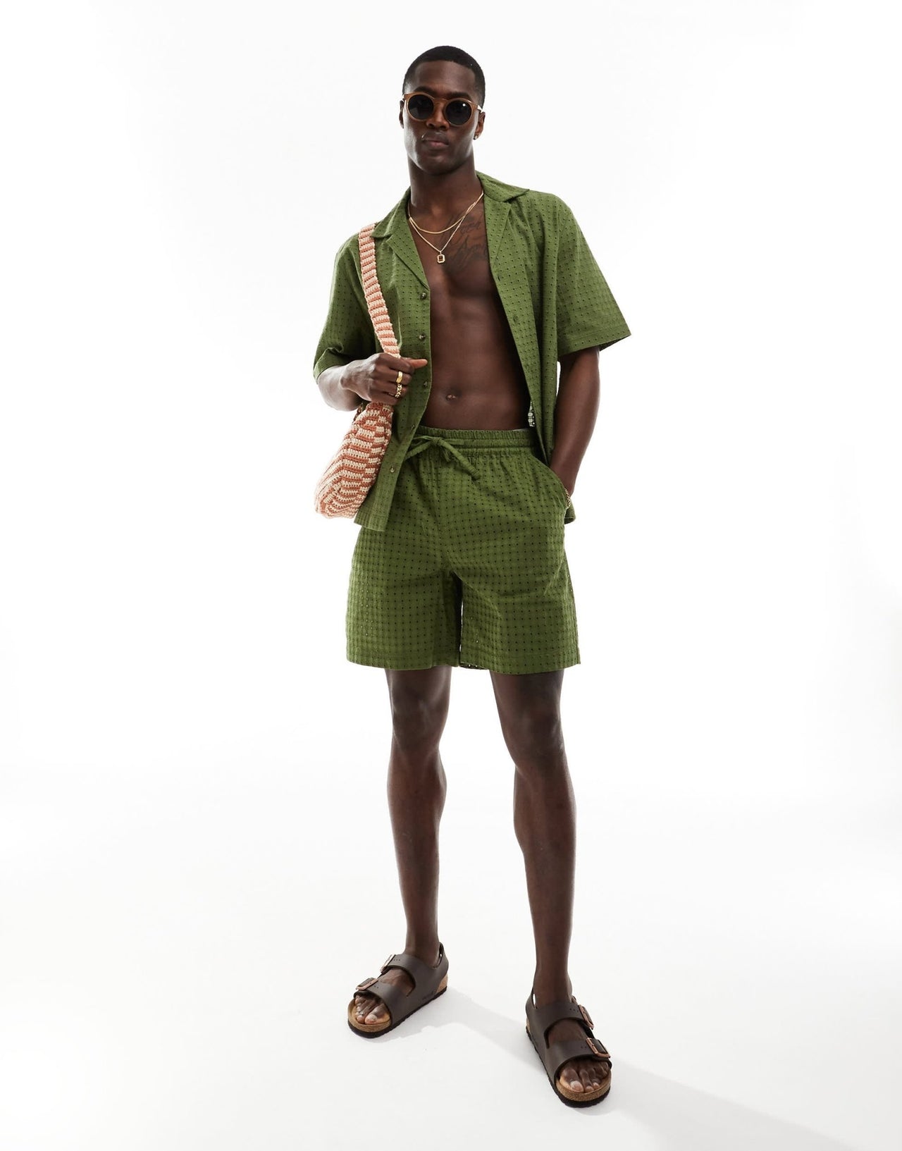 ASOS DESIGN co - ord short sleeve relaxed fit revere collar broderie shirt in khaki green - ASOS Sample Sale EU Store