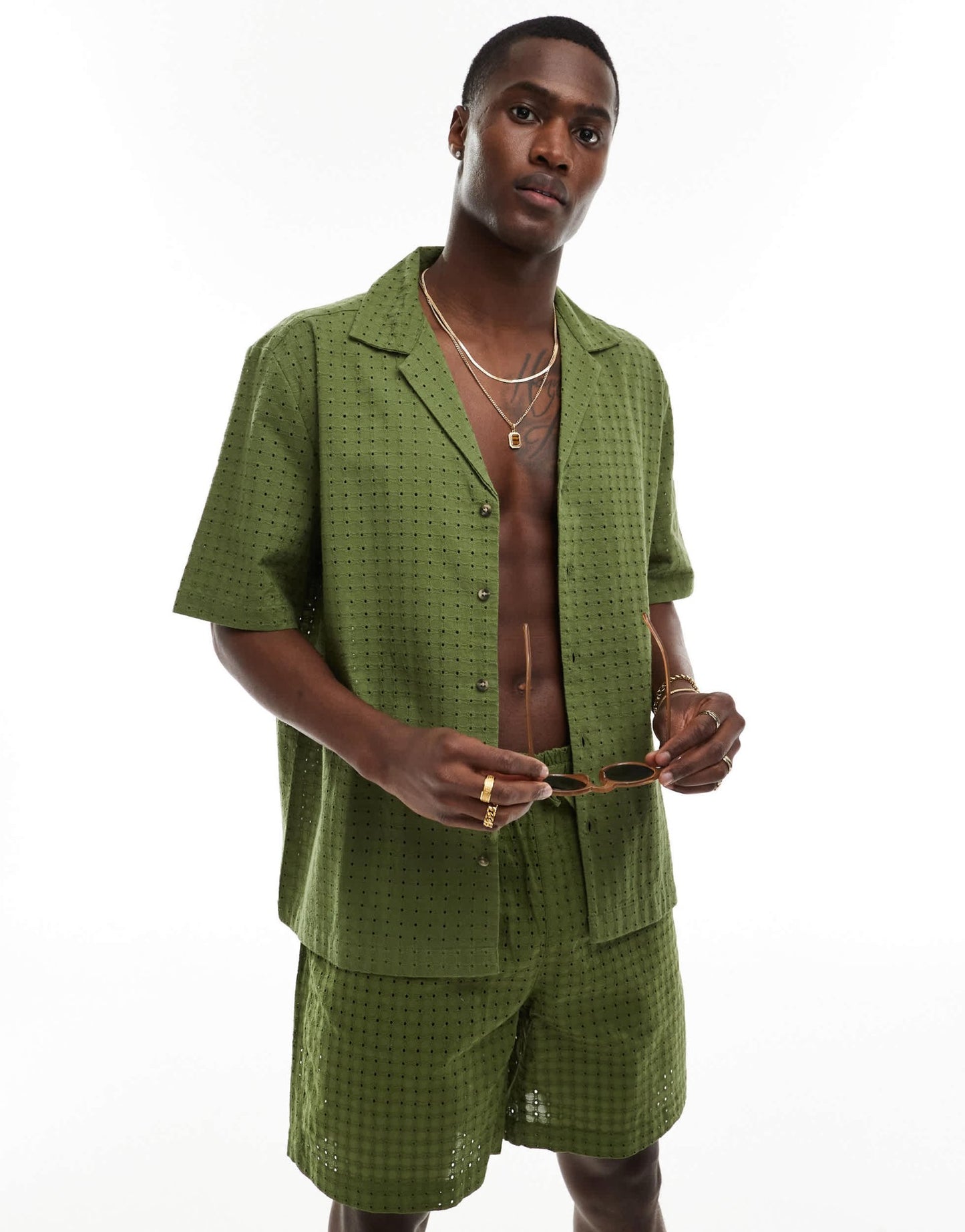 ASOS DESIGN co - ord short sleeve relaxed fit revere collar broderie shirt in khaki green - ASOS Sample Sale EU Store