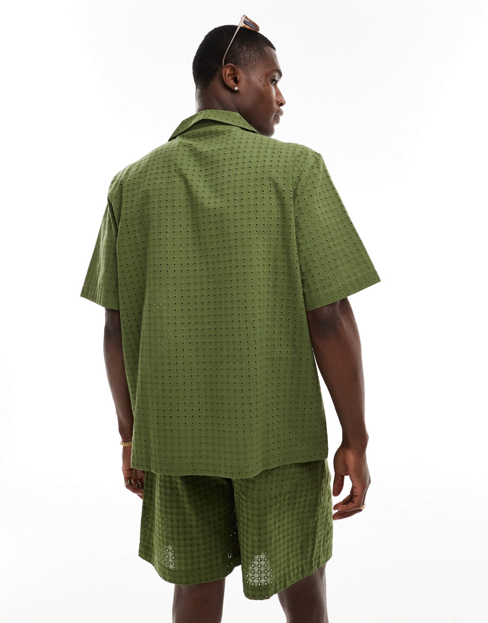 ASOS DESIGN co - ord short sleeve relaxed fit revere collar broderie shirt in khaki green - ASOS Sample Sale EU Store