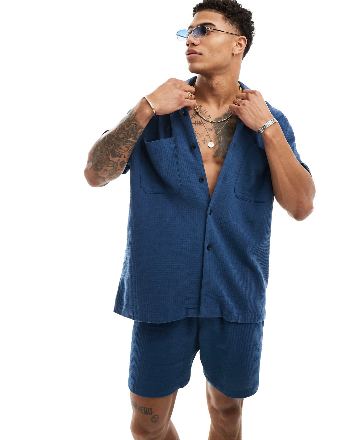 ASOS DESIGN co - ord short sleeve relaxed revere collar texture shirt in navy - ASOS Sample Sale EU Store