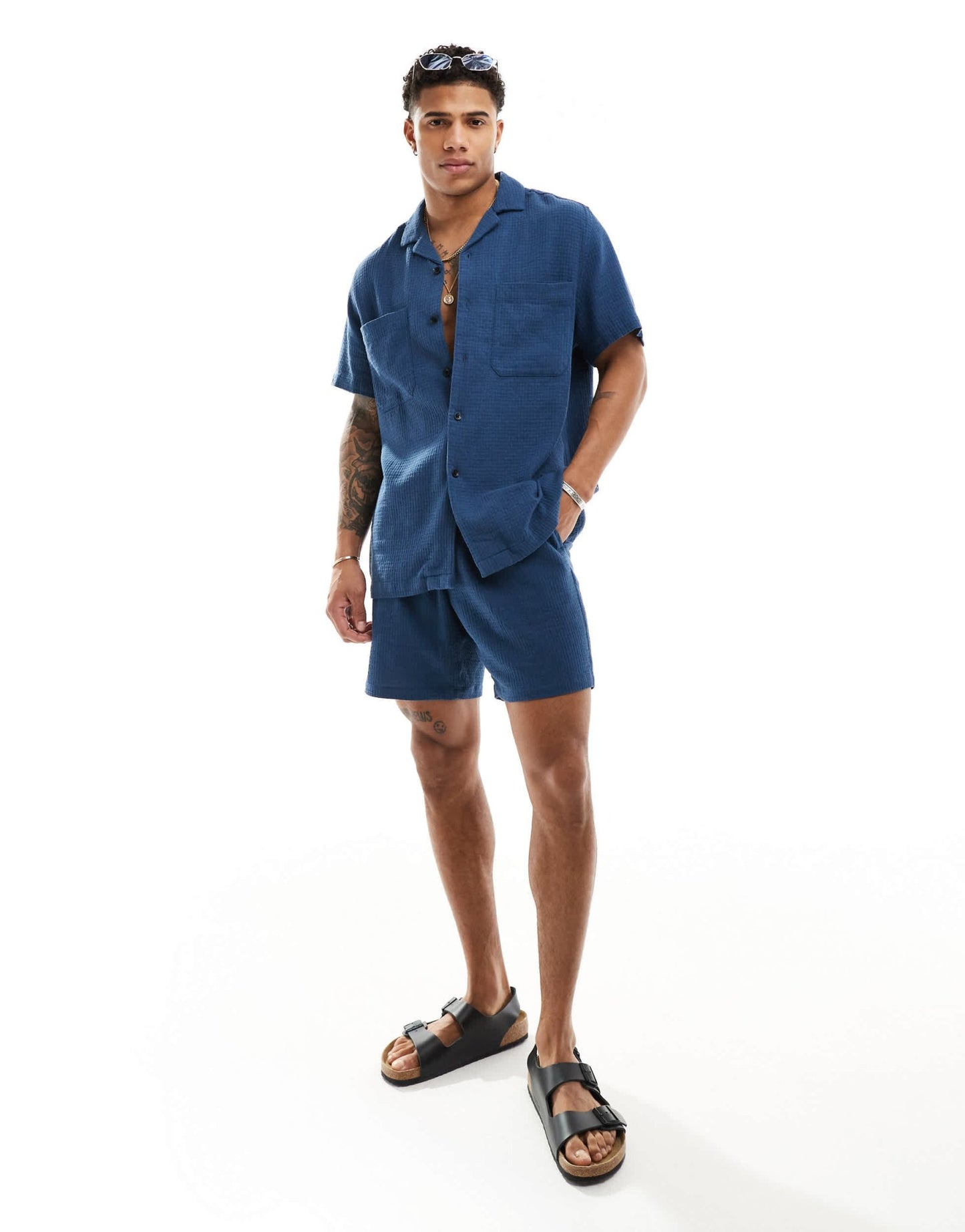 ASOS DESIGN co - ord short sleeve relaxed revere collar texture shirt in navy - ASOS Sample Sale EU Store
