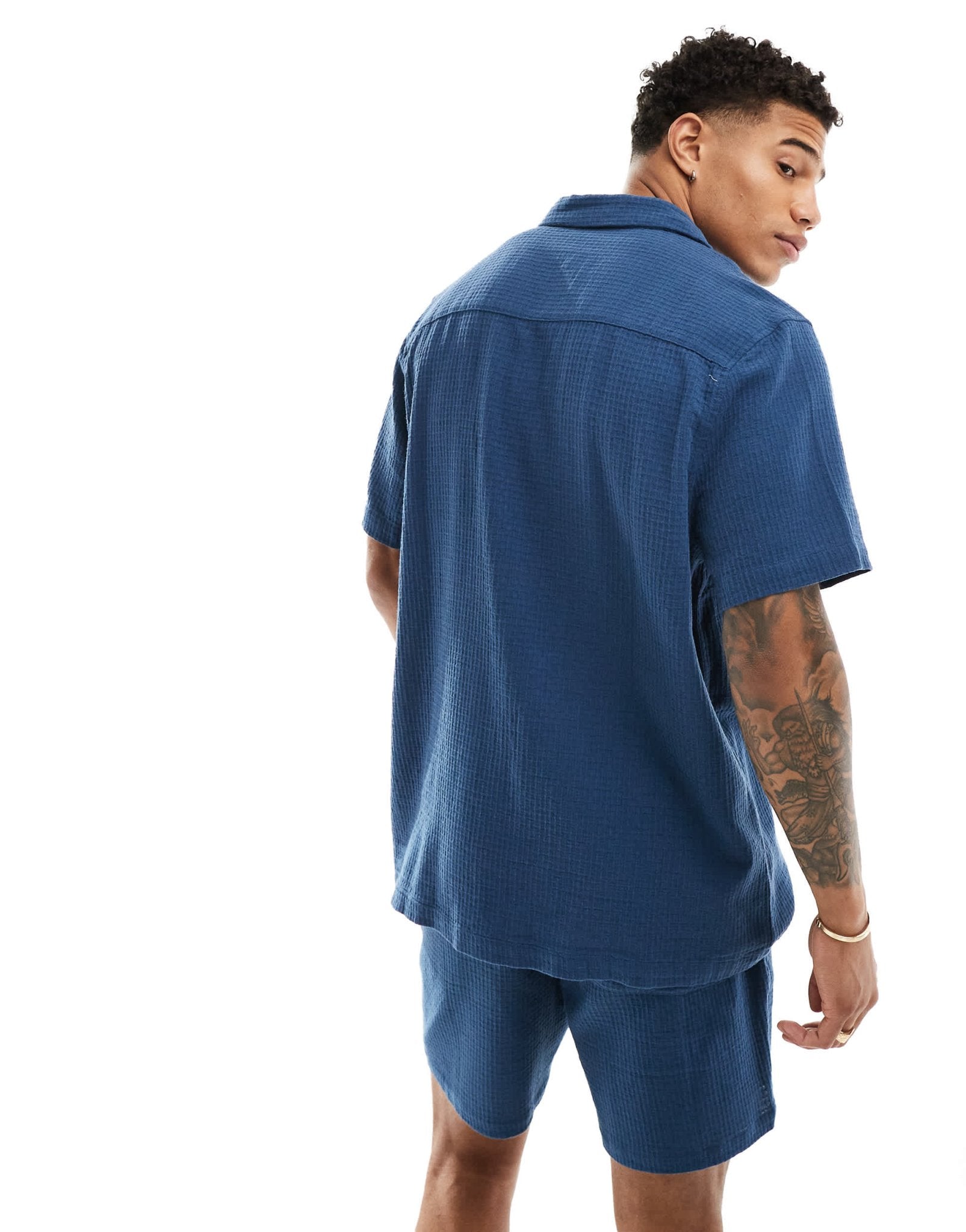 ASOS DESIGN co - ord short sleeve relaxed revere collar texture shirt in navy - ASOS Sample Sale EU Store
