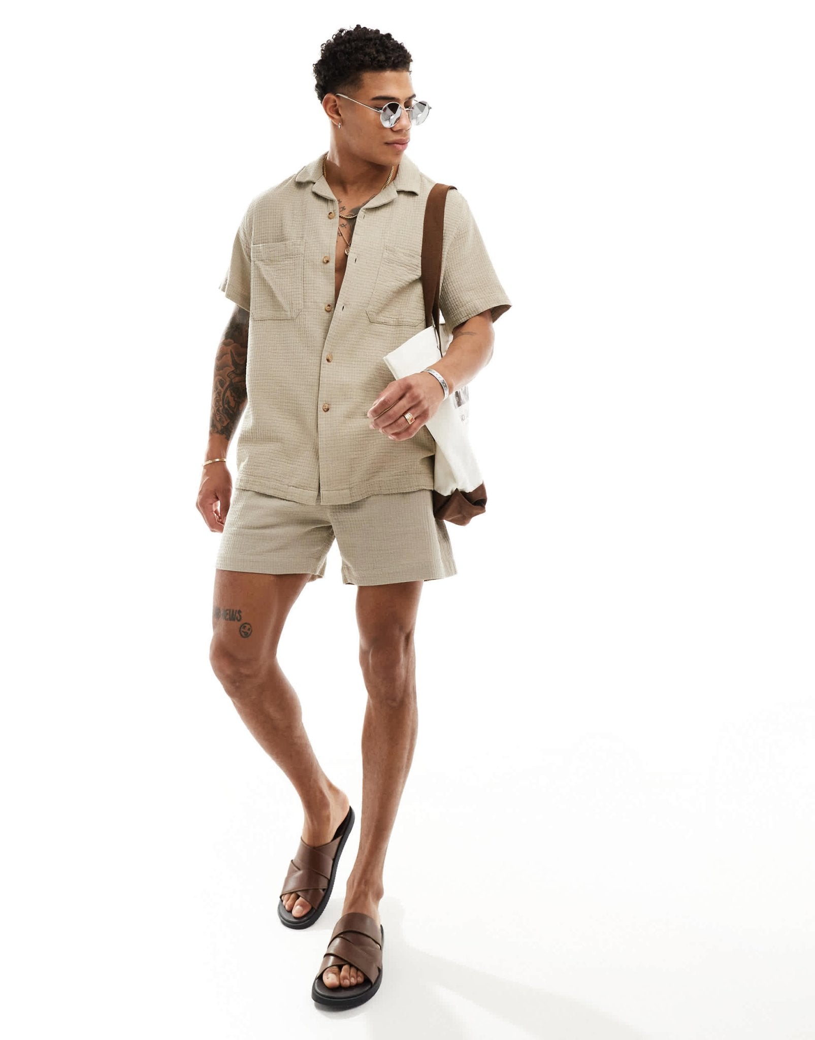 ASOS DESIGN co - ord short sleeve relaxed revere collar texture shirt in stone - ASOS Sample Sale EU Store