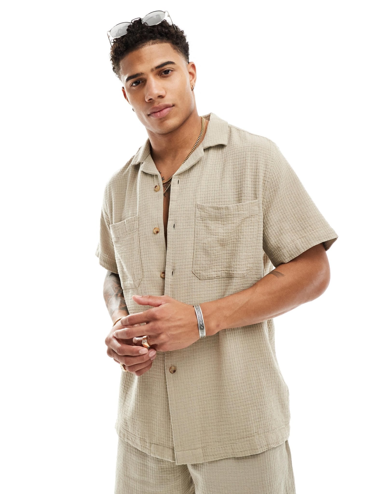 ASOS DESIGN co - ord short sleeve relaxed revere collar texture shirt in stone - ASOS Sample Sale EU Store