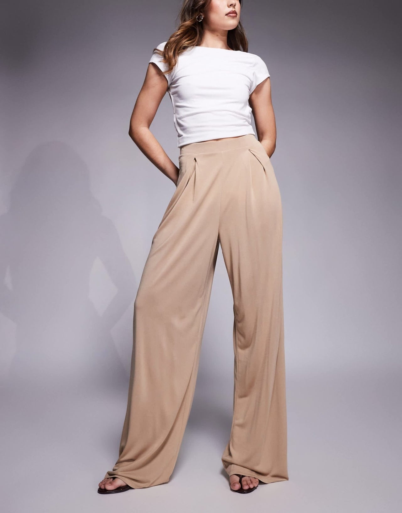 ASOS DESIGN co - ord soft handle pleated wide leg trousers in stone - ASOS Sample Sale EU Store