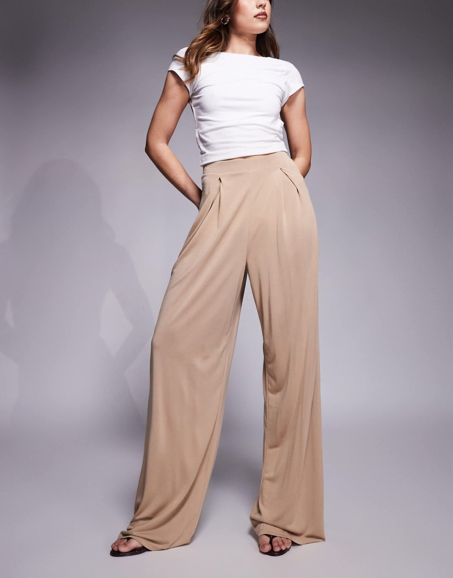 ASOS DESIGN co - ord soft handle pleated wide leg trousers in stone - ASOS Sample Sale EU Store