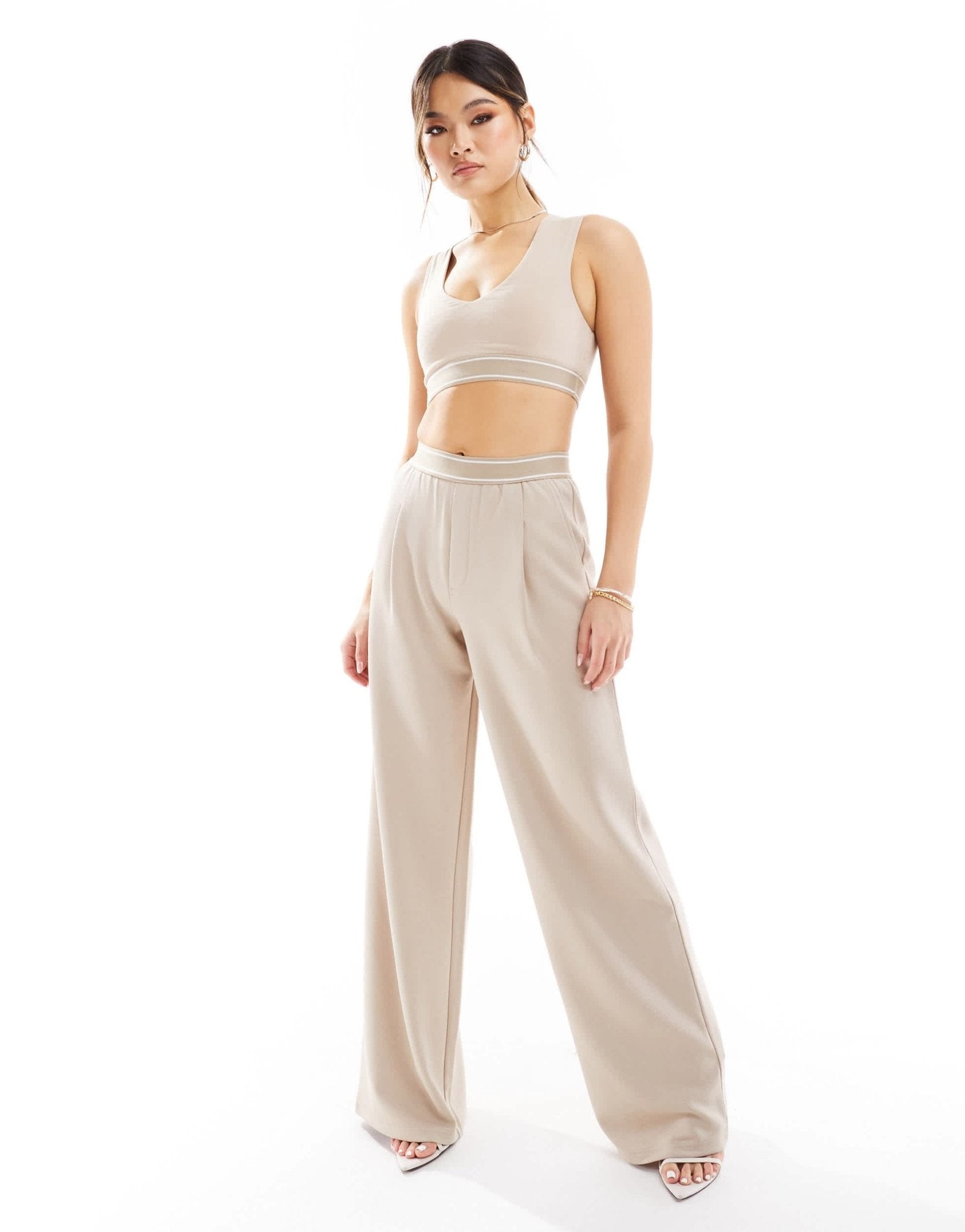 ASOS DESIGN co - ord v neck crop top with elastic hem trim in stone - ASOS Sample Sale EU Store
