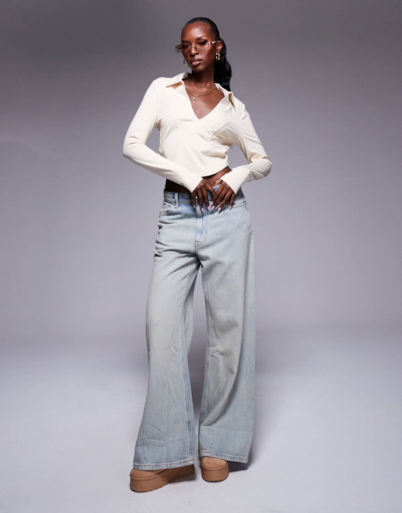 ASOS DESIGN collared long sleeve top in stone - ASOS Sample Sale EU Store