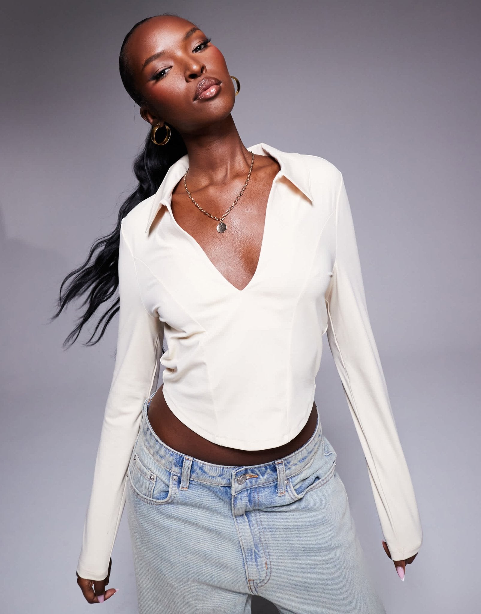 ASOS DESIGN collared long sleeve top in stone - ASOS Sample Sale EU Store