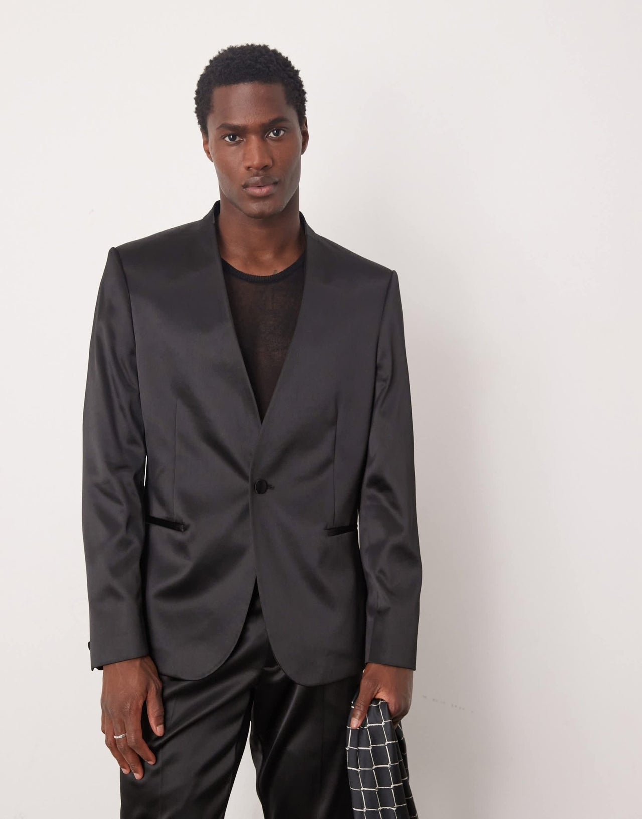 ASOS DESIGN collarless new skinny suit jacket in black satin - ASOS Sample Sale EU Store