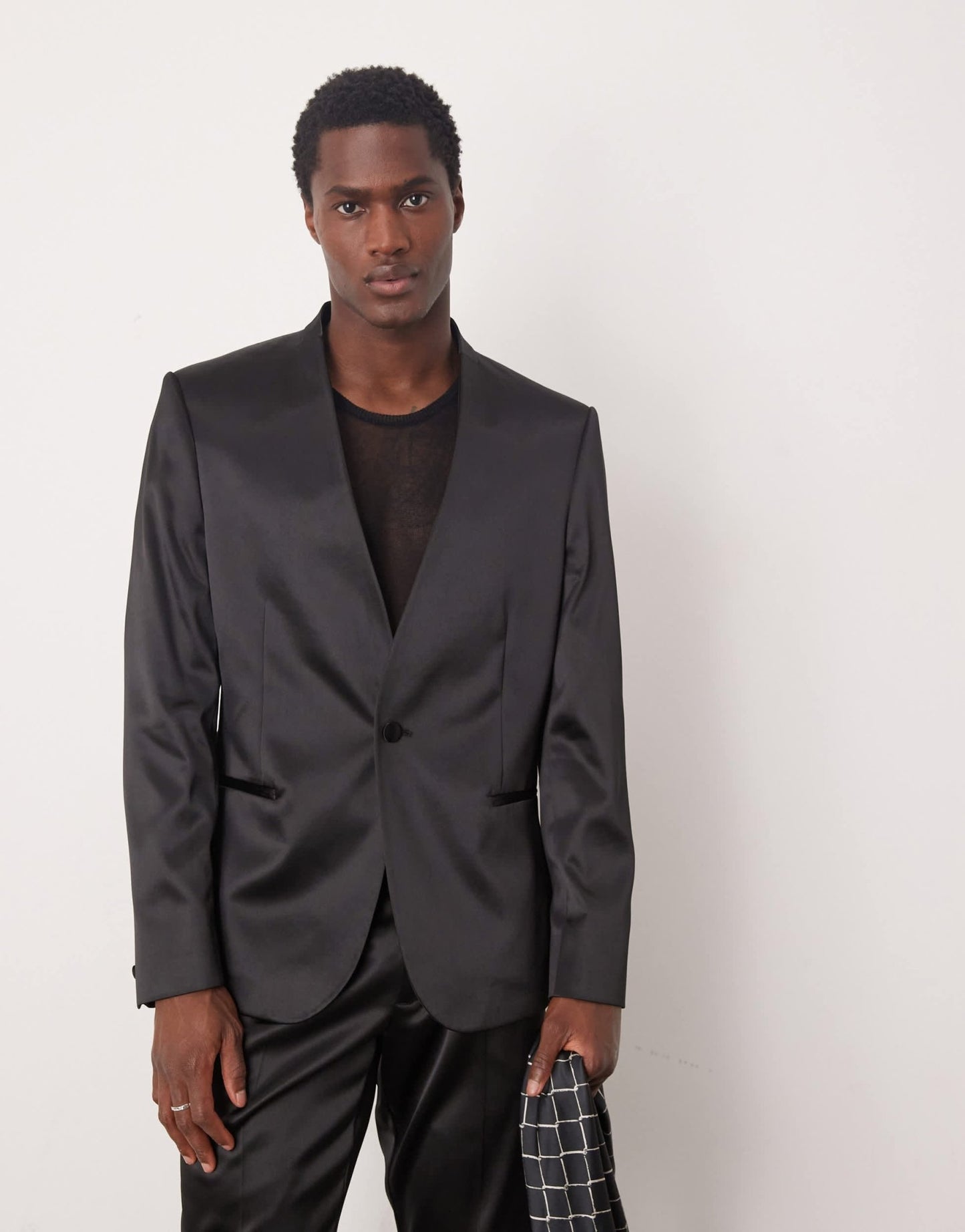ASOS DESIGN collarless new skinny suit jacket in black satin - ASOS Sample Sale EU Store