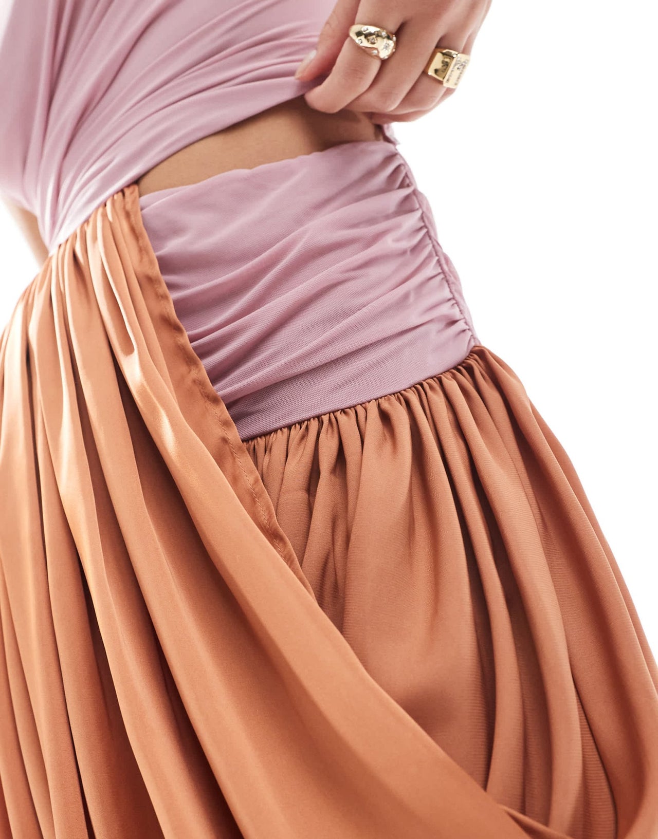 ASOS DESIGN colour block mini dress with satin drape skirt in pink & rust - ASOS Sample Sale EU Store