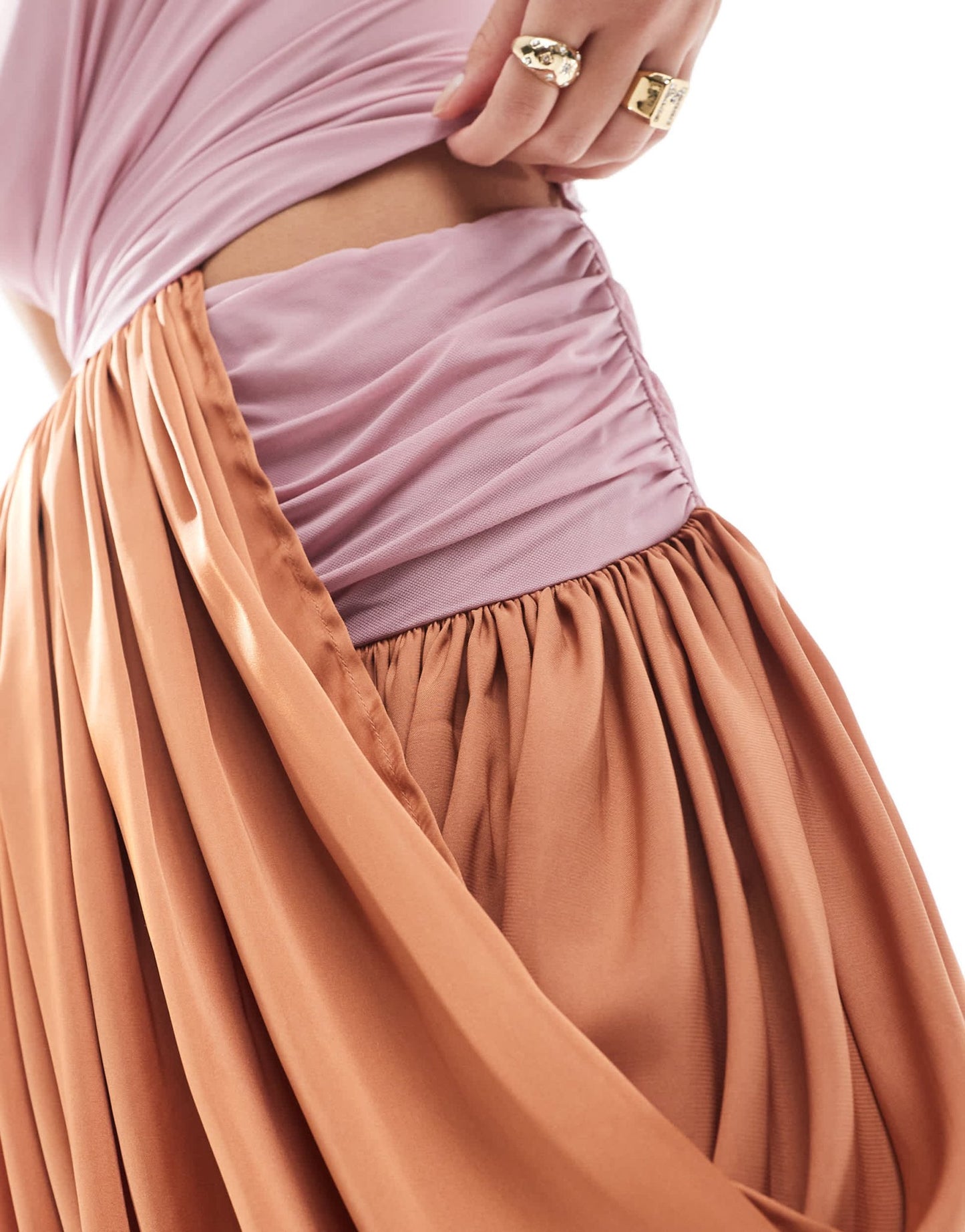 ASOS DESIGN colour block mini dress with satin drape skirt in pink & rust - ASOS Sample Sale EU Store
