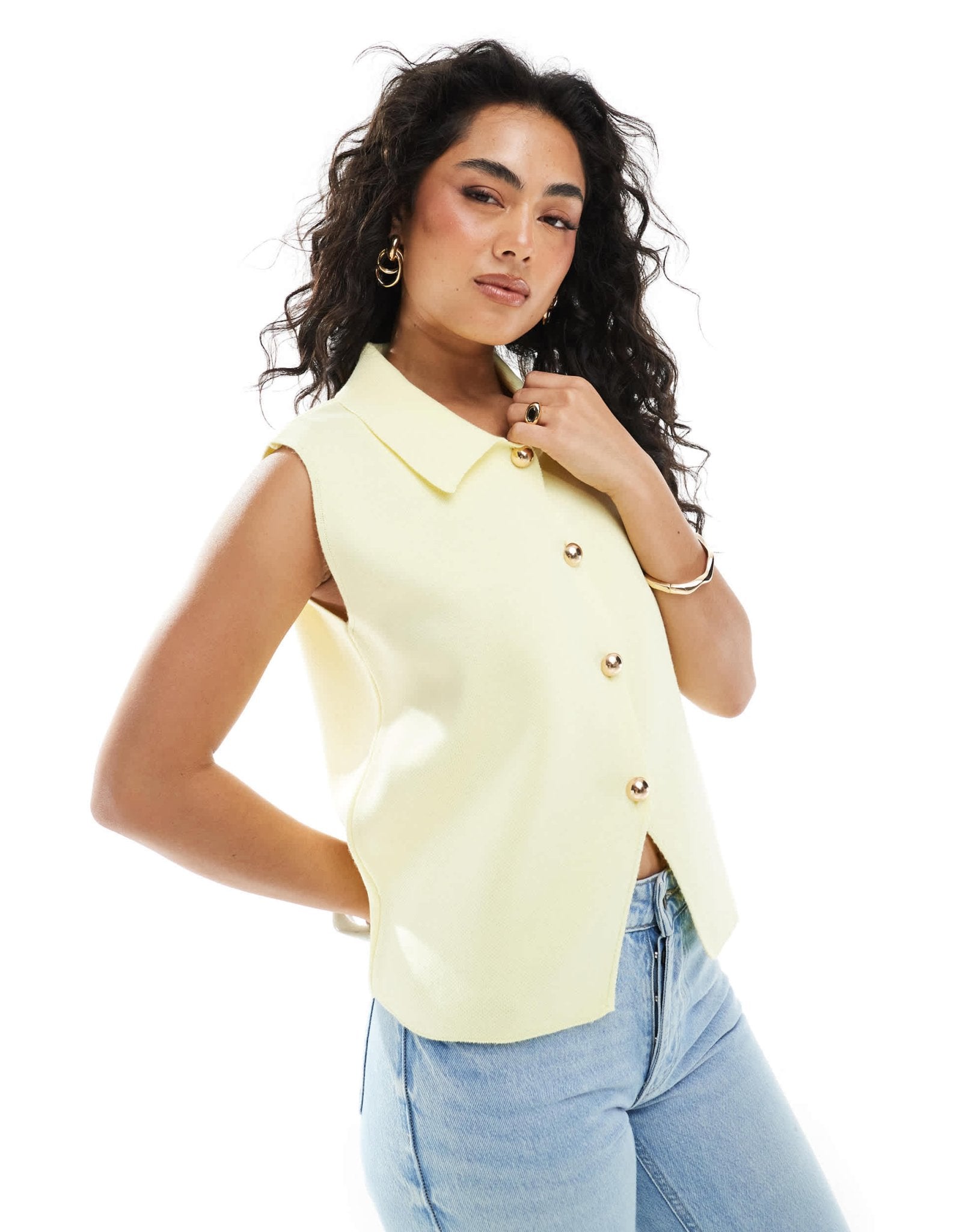 ASOS DESIGN compact knit waistcoat with collar in buttermilk yellow - ASOS Sample Sale EU Store