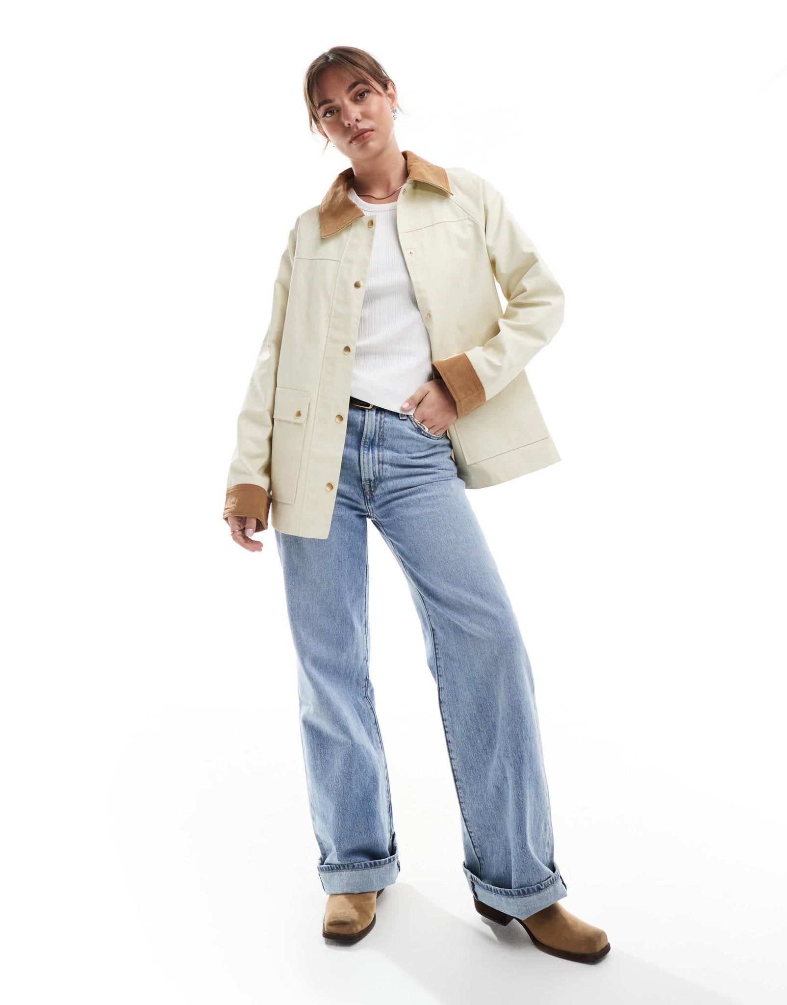 ASOS DESIGN cord top collar waxed jacket in stone - ASOS Sample Sale EU Store